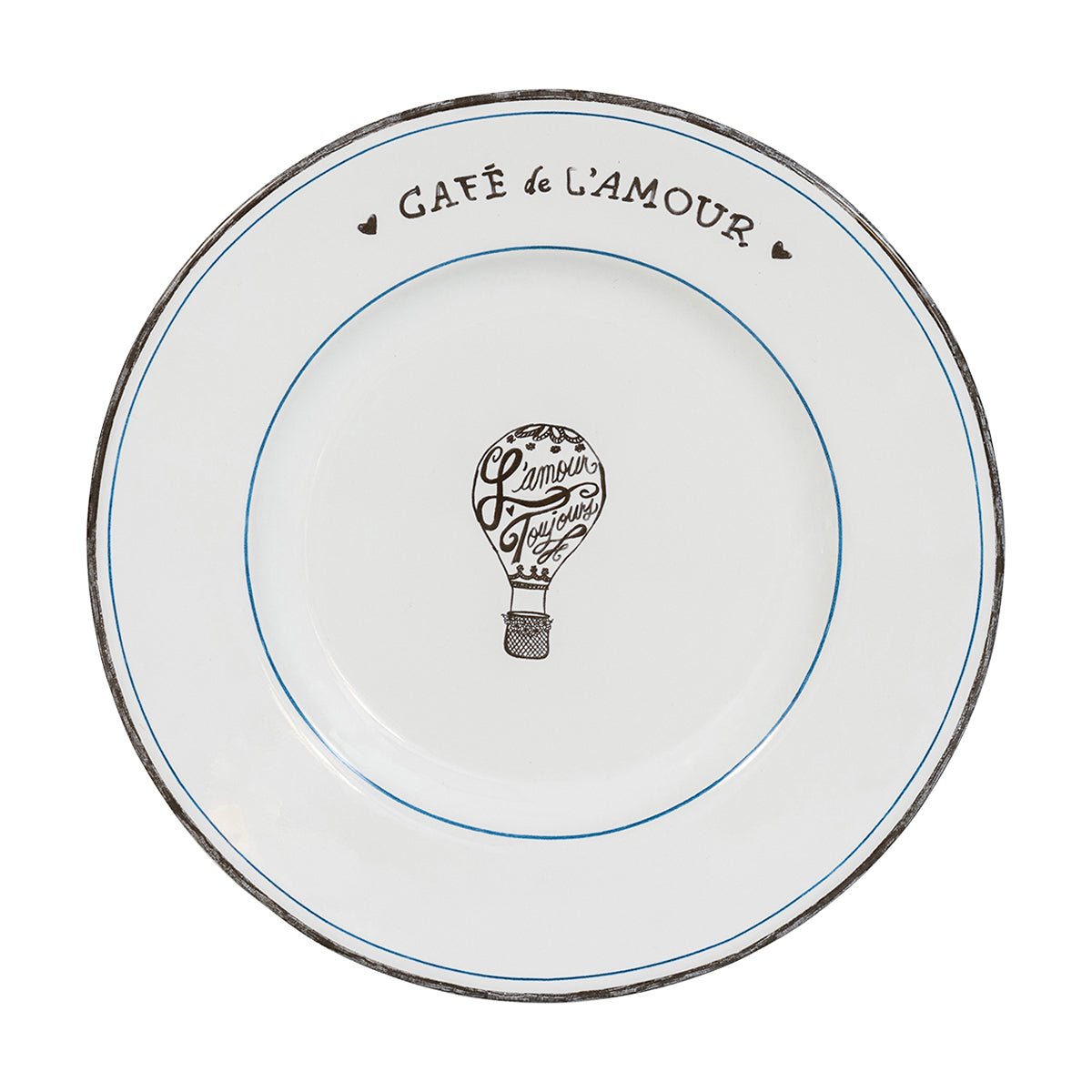 The sky’s the limit with this chic dinner plate featuring our charming hand-sketched French hot air balloon and uplifting inscriptions, L’amour Toujours (Love Forever) and Café de L’amour (Love Café). Ultra-thin pinstripes in watery Delft blue and black encircle whatever gastronomic flights of fancy you dream up, from classic roast chicken to delectable duck confit. 