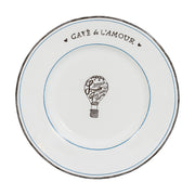The sky’s the limit with this chic dinner plate featuring our charming hand-sketched French hot air balloon and uplifting inscriptions, L’amour Toujours (Love Forever) and Café de L’amour (Love Café). Ultra-thin pinstripes in watery Delft blue and black encircle whatever gastronomic flights of fancy you dream up, from classic roast chicken to delectable duck confit. 