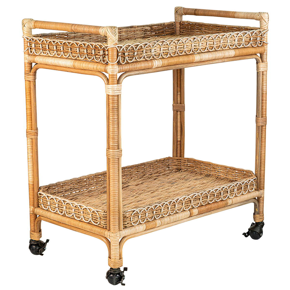 Lightly toned wicker-style two-level bar cart.