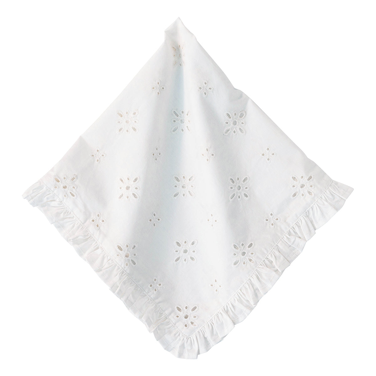 With a sprinkling of dainty eyelet cutouts and a sweet, ruffled border, these cotton napkins are equally elegant and relaxed. Available in fresh colors that are ideal for sunny settings, they breathe instant texture and a little understated loveliness to any tablescape. 