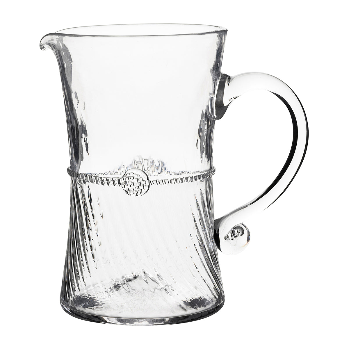 Glass bar pitcher with optic glass halfway up and then clear to the rim.