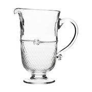 From our Graham Collection- Crowned with a simple thread and single berry, dressed in optic glass from the waist down and belted with a charming sash this large pitcher is a supreme vessel for iced tea, sparkling water or pink lemonade.