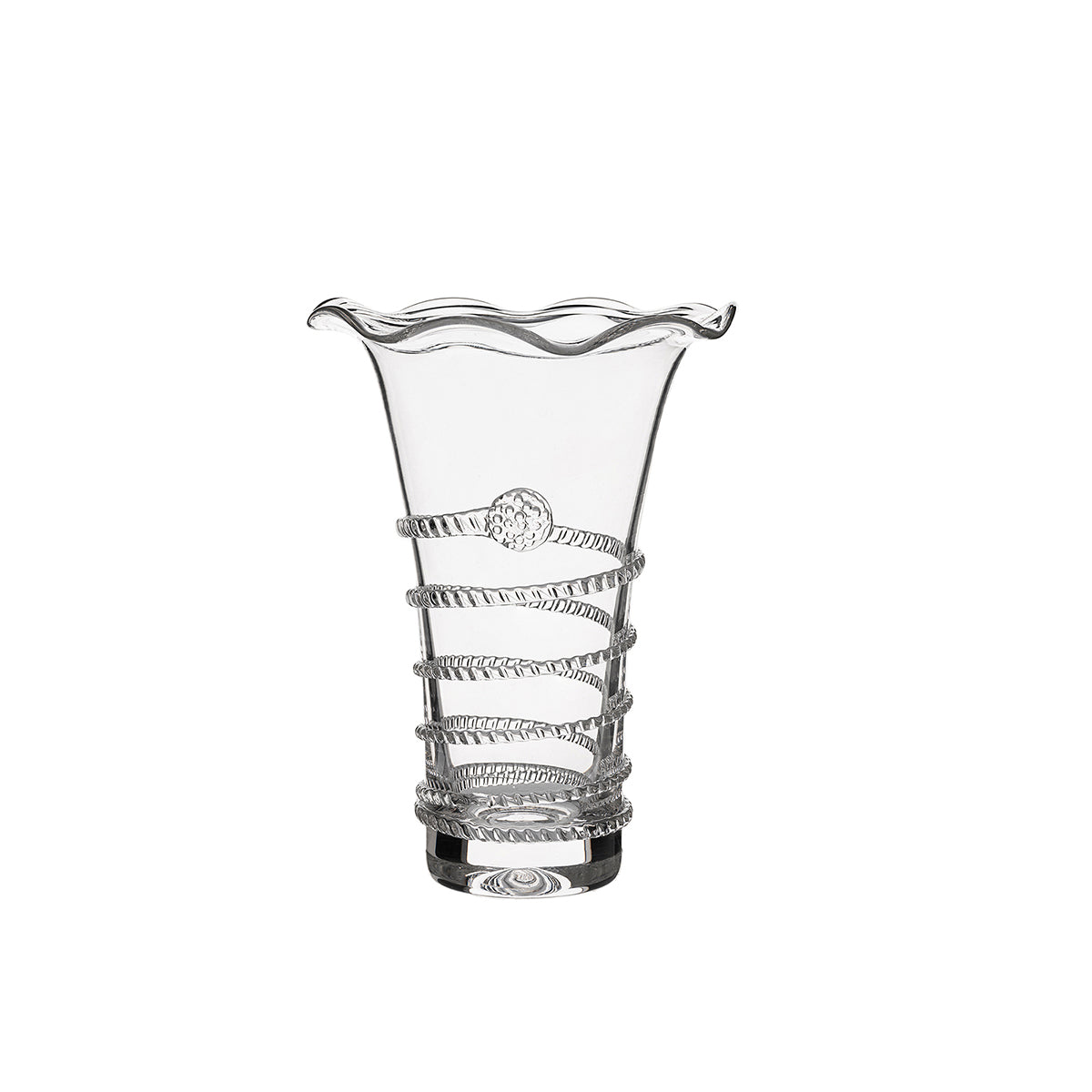 Part of our Amalia Collection and sporting a new flared rim, this 6" vase is bedecked with signature spiral and is the perfect petite size to frame a single rose or frilled carnation on a bedside table or next to the sink.
