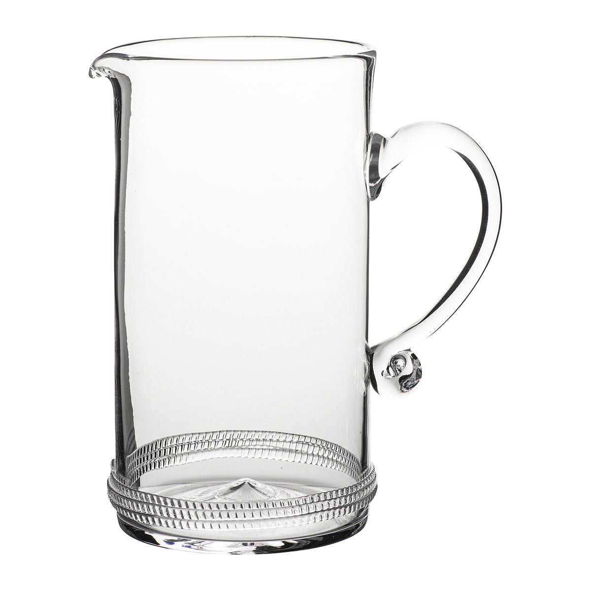 From our Dean Collection- Mouth-blown glass adorned with a ring of subtle rope compliment this versatile pitcher, perfect for tableside water service or a bouquet of your favorite fresh flowers.