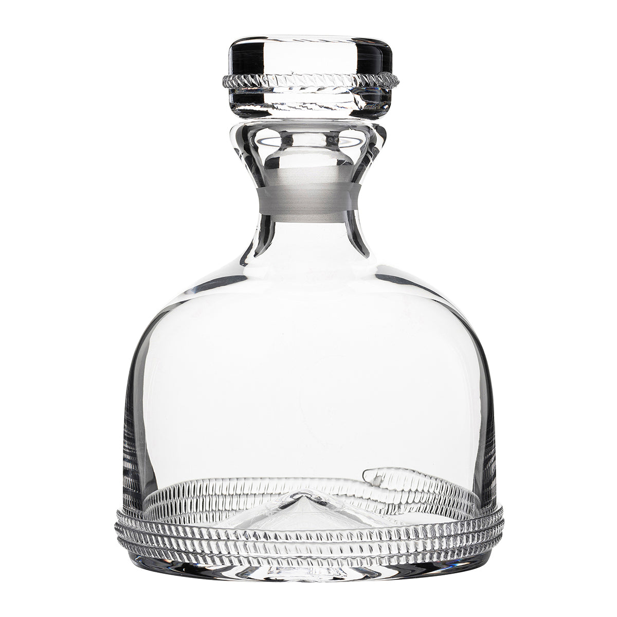 From our Dean Collection- Understated and quite handsome, this decanter in mouth blown glass grounded with subtle rope base makes a lovely gentleman's gift.