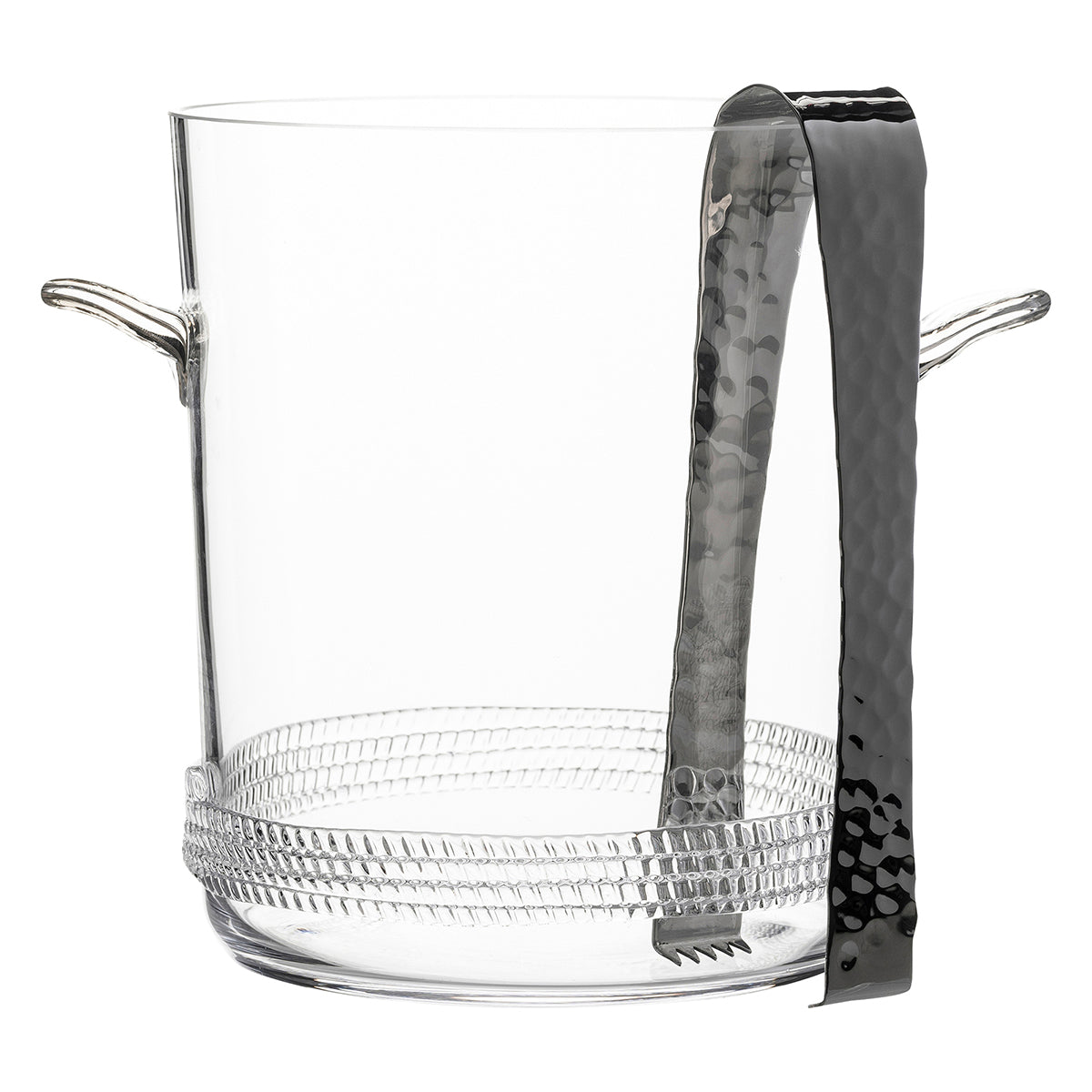 From our Dean Collection- Our handsome, mouth blown glass is grounded with a subtle glass rope base in this beautiful ice bucket and tongs is particularly perfect when brimming with ice cold bubbly.