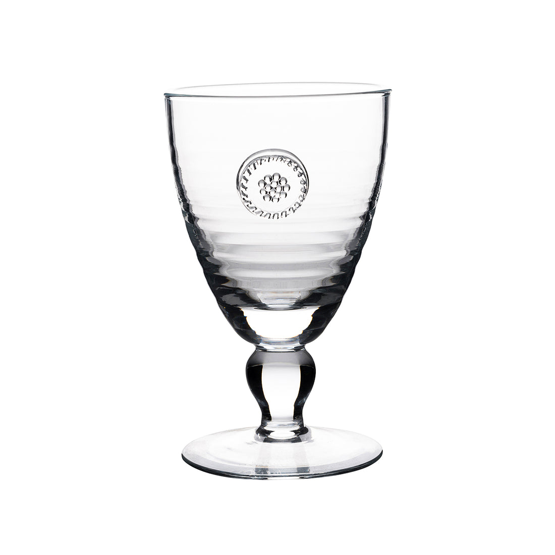 From our Berry & Thread Collection- Raise your glass in cheer! Our footed goblet sets the stage for your exquisite celebration. Adorned with a sweet berry and thread medallion our goblet stylishly blends elegance and function.