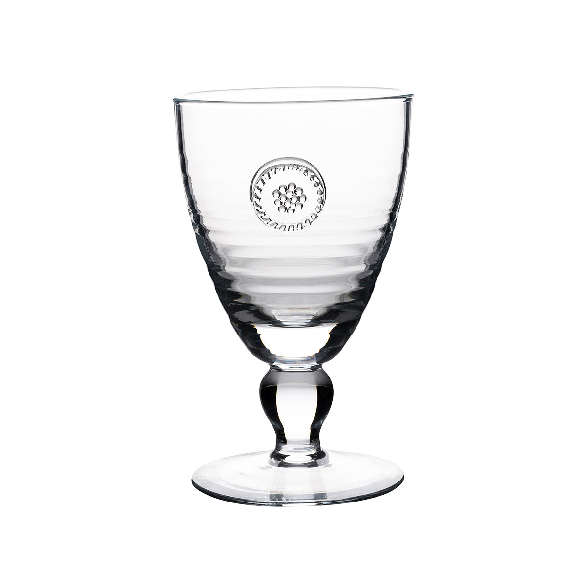 From our Berry & Thread Collection- Raise your glass in cheer! Our footed goblet sets the stage for your exquisite celebration. Adorned with a sweet berry and thread medallion our goblet stylishly blends elegance and function.