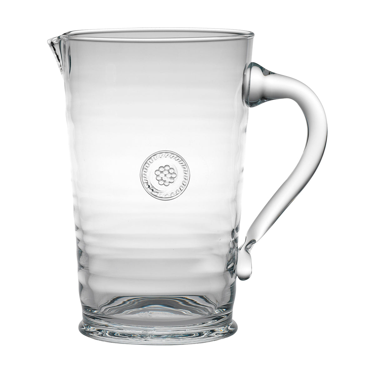 From our Berry & Thread Collection - From bunches of blooms to your freshest juices, our mouth blown glass pitcher crafted by artisans in Portugal offers an organic texture blending everyday elegance with practicality. Neatly trimmed with our signature berry and thread medallion.