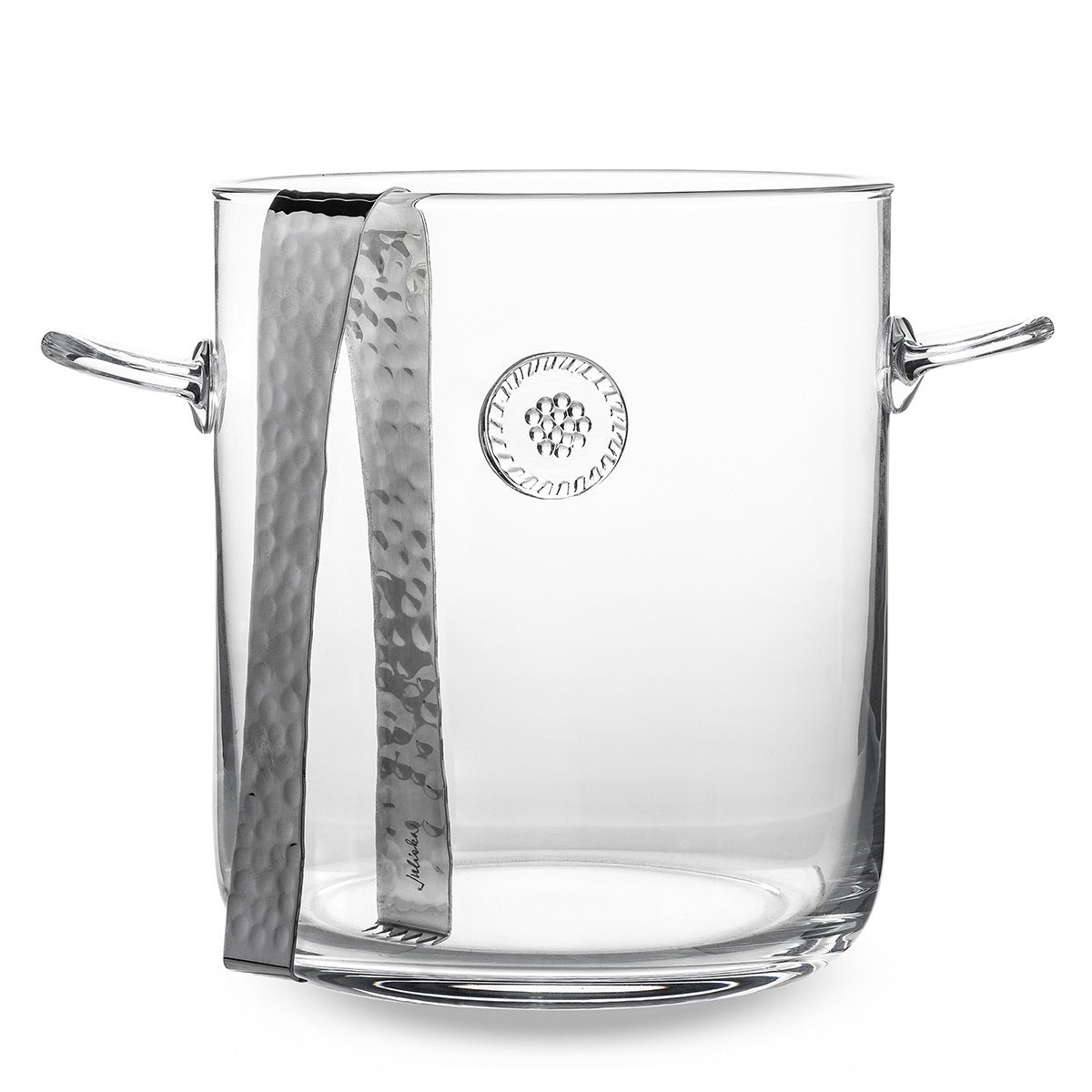 From our Berry & Thread Collection, this blown glass ice bucket with tongs is both transitional and practical to keep your bubbly or vino chilled and ready to serve. Complete with our handsome Berry & Thread medallion in the center, this piece is unmistakably classic at any function. 