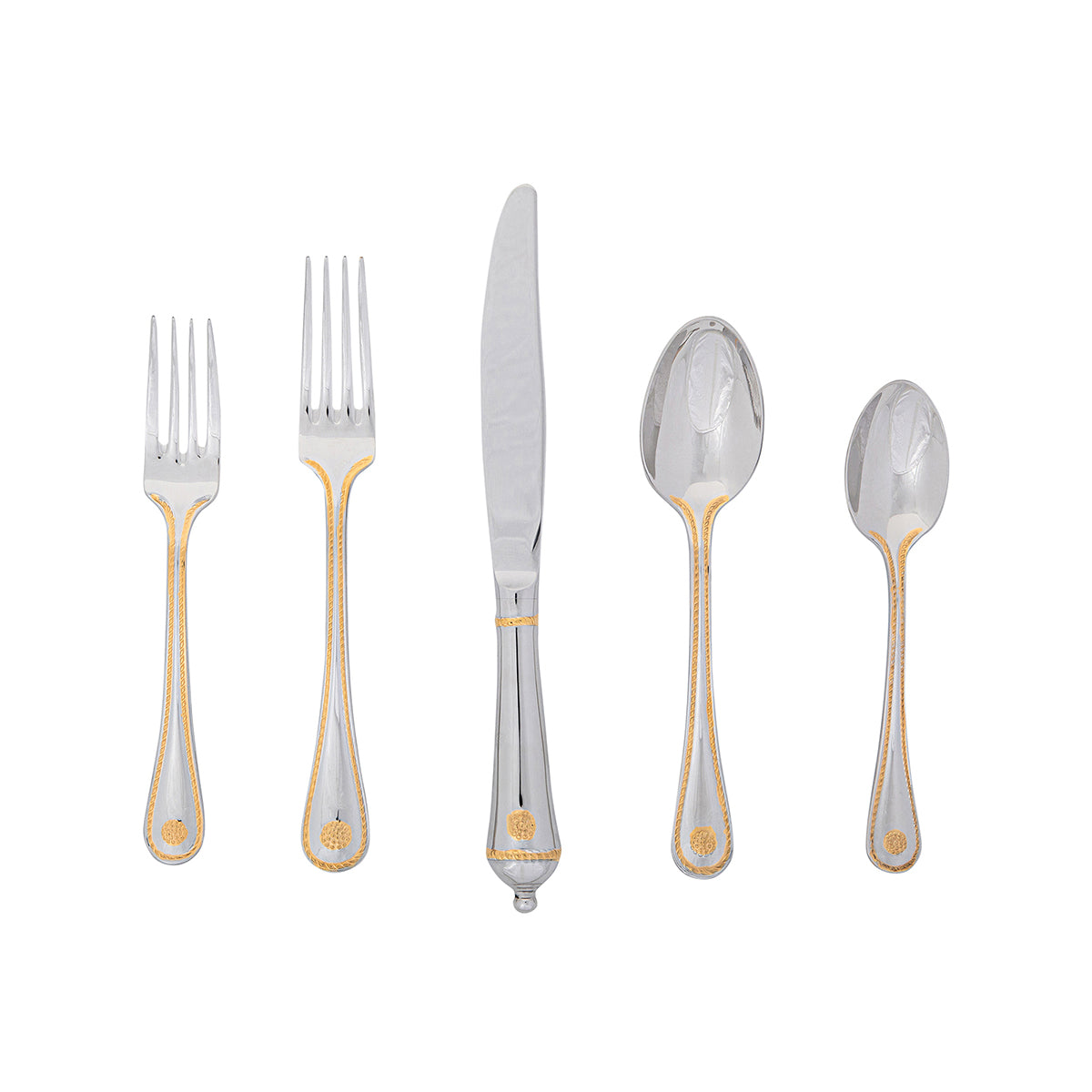 Trimmed in delicate 24-karat gold accents and meticulously designed and crafted in the spirit of old world French tradition, our 5 piece set Berry & Thread polished flatware set will become a treasured heirloom. Perfectly weighted and classically versatile, our flatware collection brings everyday elegance to your home.