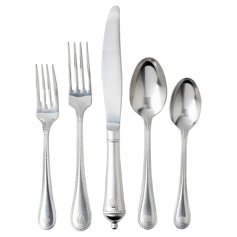From our Berry & Thread Collection- Meticulously designed and crafted in the spirit of old world French tradition, our Berry & Thread stainless steel flatware is optimum weight in-hand, exceptional for its decorative motif on both front and back and hand rubbed with care to a warm luster finish. This setting is the essence of rustic and refined style.