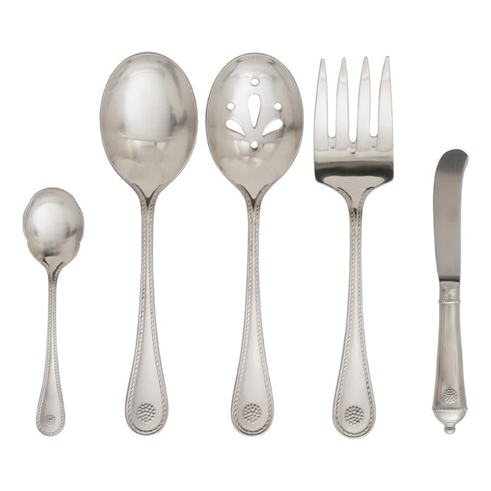 From our Berry & Thread Collection - Over scale continental sizing and front and back design details makes this stainless steel set as unique as it is useful. Featuring our signature Berry & Thread motif, they pair perfectly with all of our collections, or can stand alone as a splendid hostess gift.