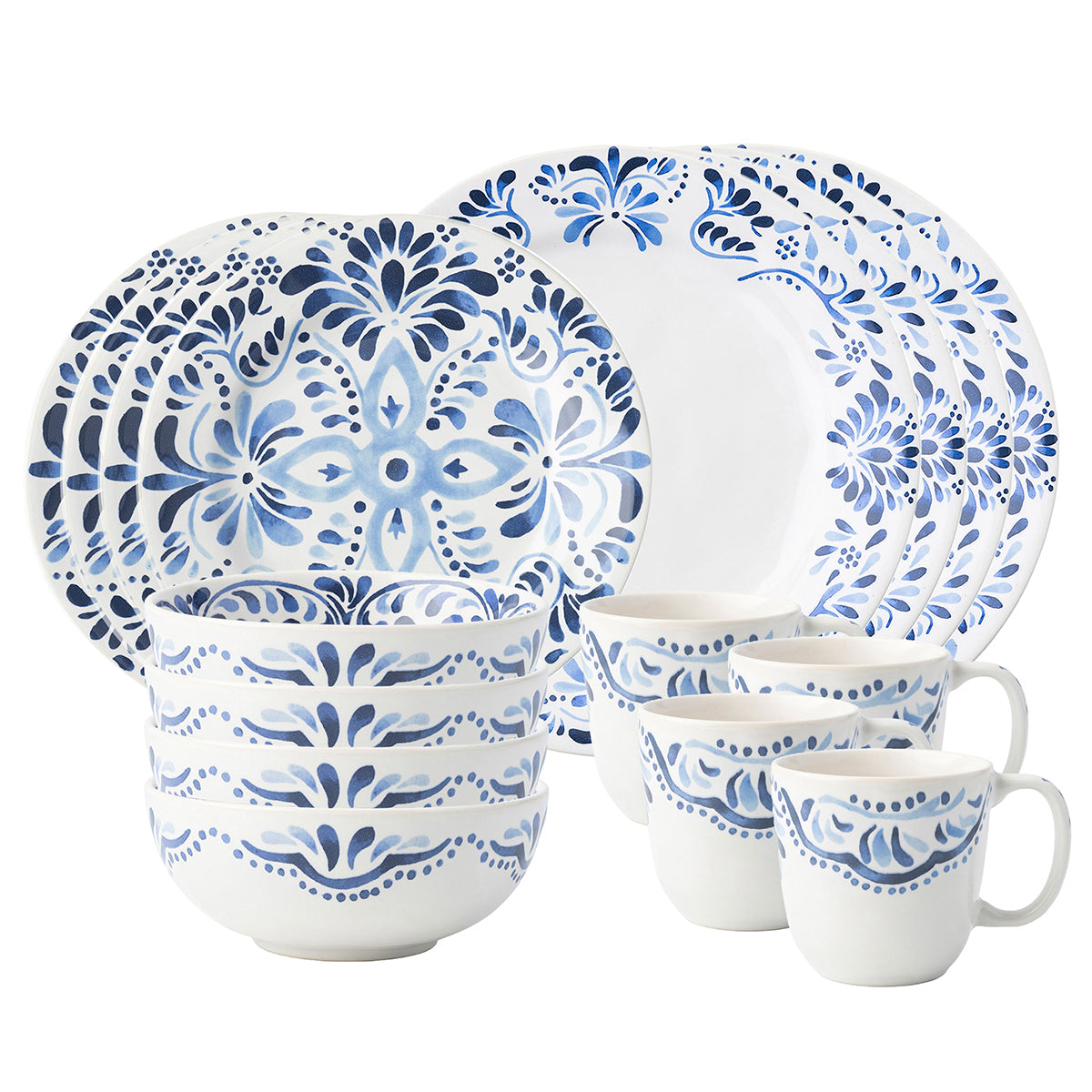A journey to the sandy Iberian coast inspired this Iberian Journey motif. This 16 piece set provides service for four and includes 4 dinner plates, dessert/salad plates, cereal/ice cream bowls and cofftea cups.