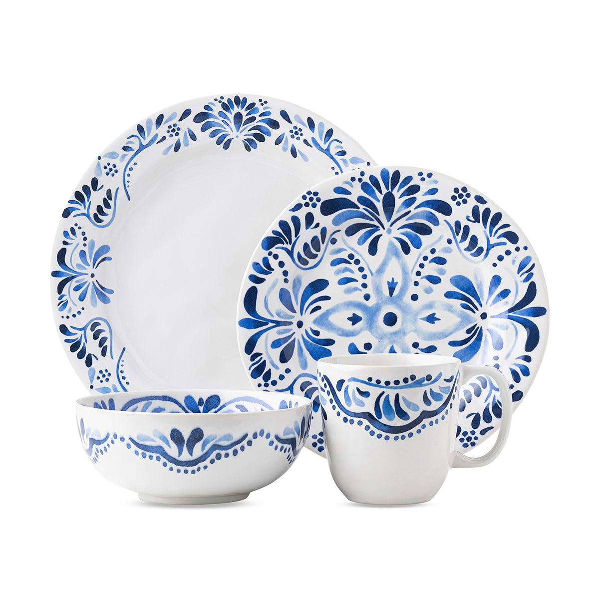 This four piece setting includes: dinner plate, dessert/salad plate, cereal/ice cream bowl and cofftea cup.