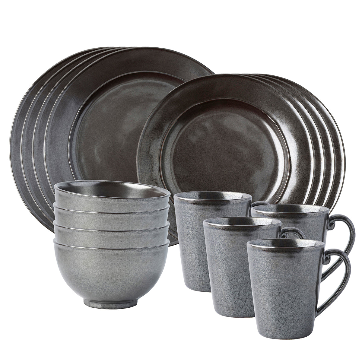 From our Pewter Collection - Uniting past romance with cool modernism, the polished style of our Pewter Stoneware looks like it is bathed in perpetual candlelight. This 16 piece set provides service for four and includes 4 dinner plates, dessert/salad plates, cereal/ice cream bowls and mugs.?