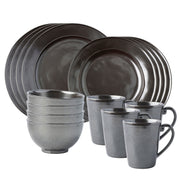 From our Pewter Collection - Uniting past romance with cool modernism, the polished style of our Pewter Stoneware looks like it is bathed in perpetual candlelight. This 16 piece set provides service for four and includes 4 dinner plates, dessert/salad plates, cereal/ice cream bowls and mugs.?