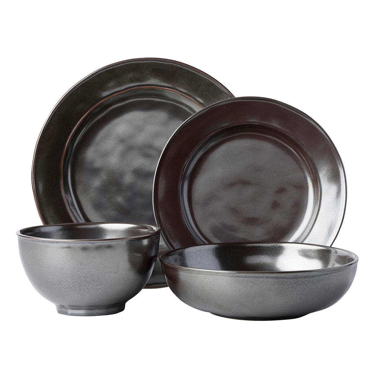 From our Pewter Collection - Uniting past romance with cool modernism, the polished style of our Pewter Stoneware looks like it is bathed in perpetual candlelight. The 4 piece place setting contains a round dinner plate, dessert/salad plate, cereal/ice cream bowl and coupe pasta/soup bowl.