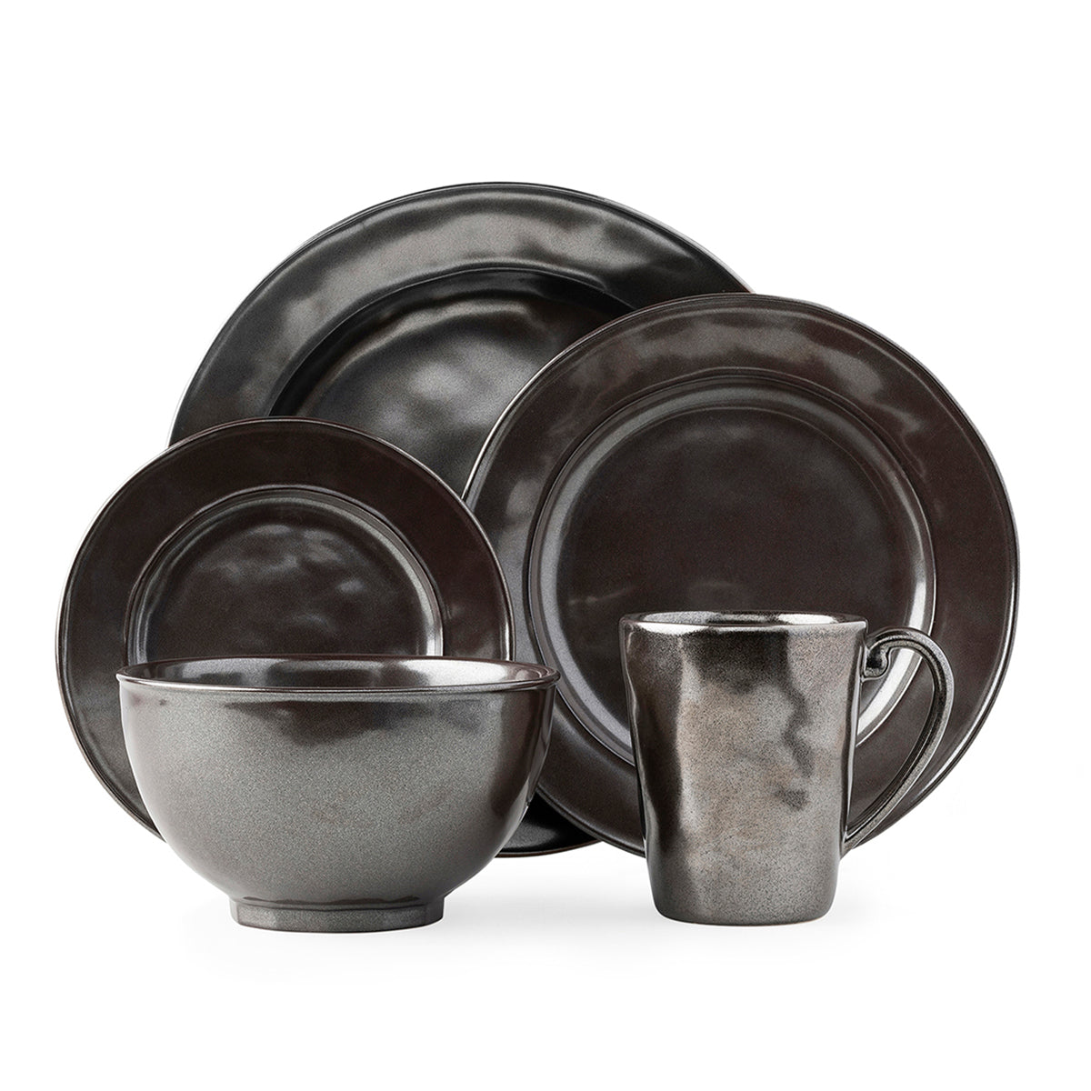 From our Pewter Stoneware Collection - Uniting past romance with cool modernism, the polished style of our Pewter Stoneware looks like it is bathed in perpetual candlelight. The five piece setting contains a round dinner plate, dessert/salad plate, side/cocktail plate, cereal bowl and mug.