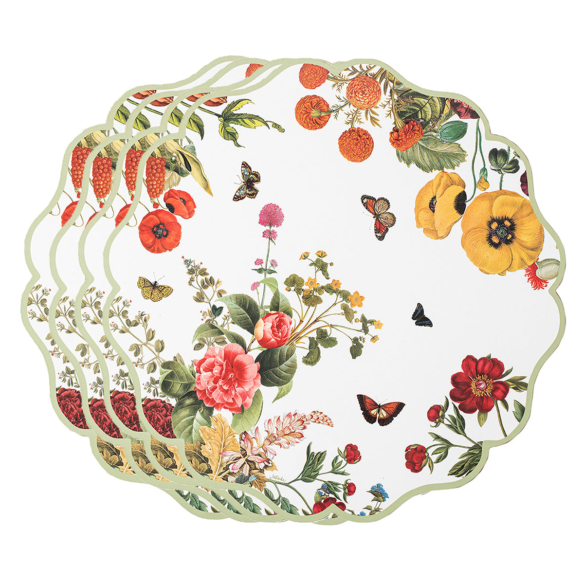 Durability meets design with this set of 4 cork backed placemats. Featuring colorful botanical florals and scalloped green trim, these will set a fabulous foundation to any setting and can stay on your table from breakfast straight through the end of the day - simply wipe clean with a damp cloth as needed!