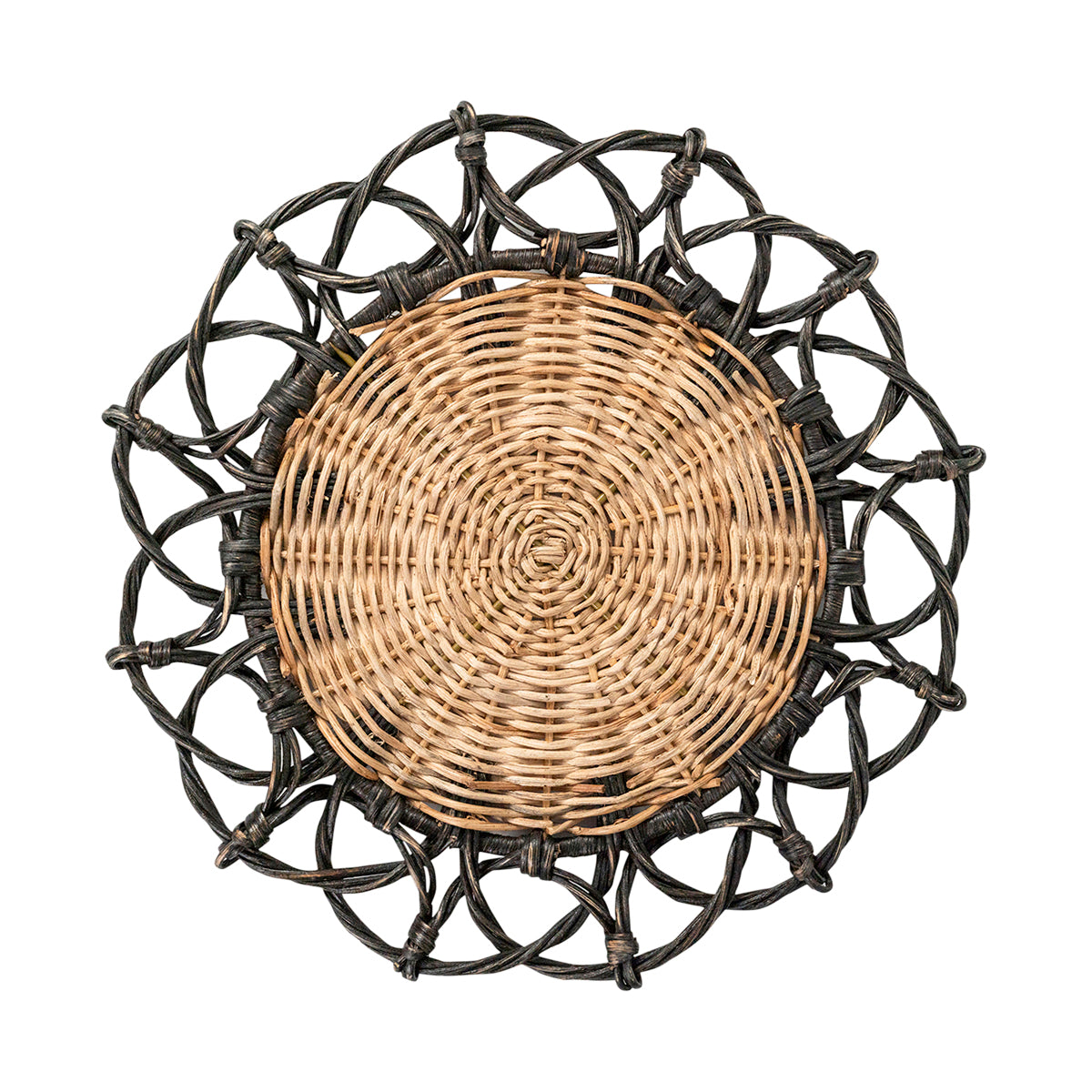 Warm and welcoming natural rattan is encircled within an eye-catching woven border in black for a dose of chic artistry that works just as well for garden parties as it does around the dinner table. 
