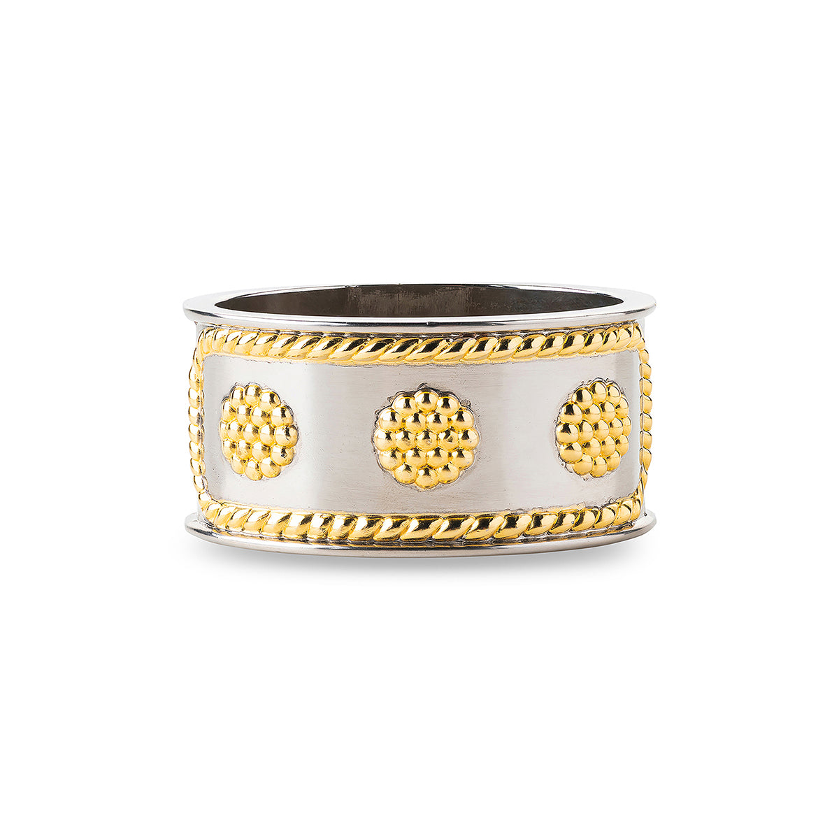 Add a gleaming accent to your table with this gold and silver metal napkin ring that lends a splash of subtle sparkle to any occasion.