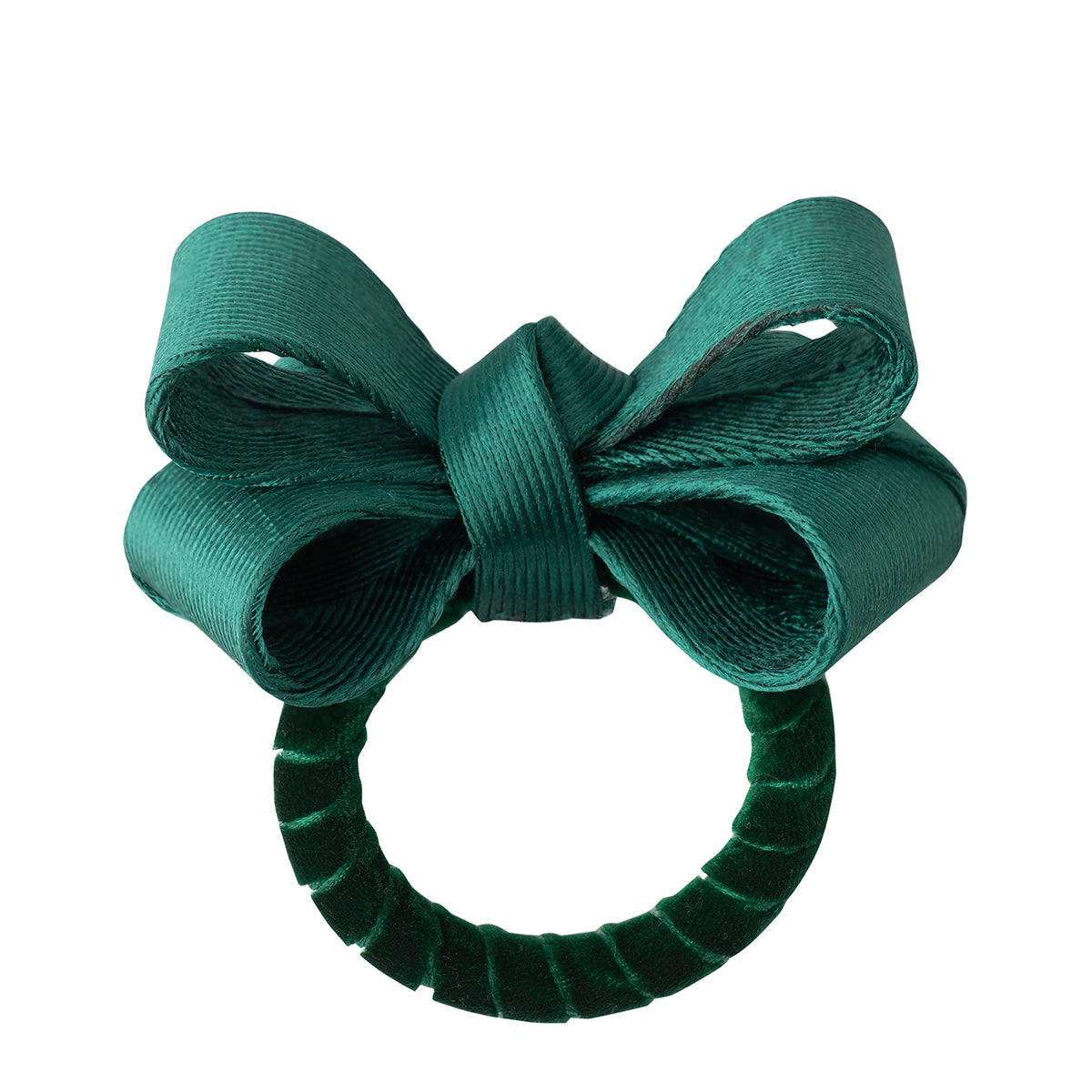 Our new tuxedo-inspired napkin ring was designed in an elegant evergreen hue to dress up any Holiday place setting. Handsewn with rings wrapped in soft velvet ribbon, these handsome green bows will festoon any table with festive flair.