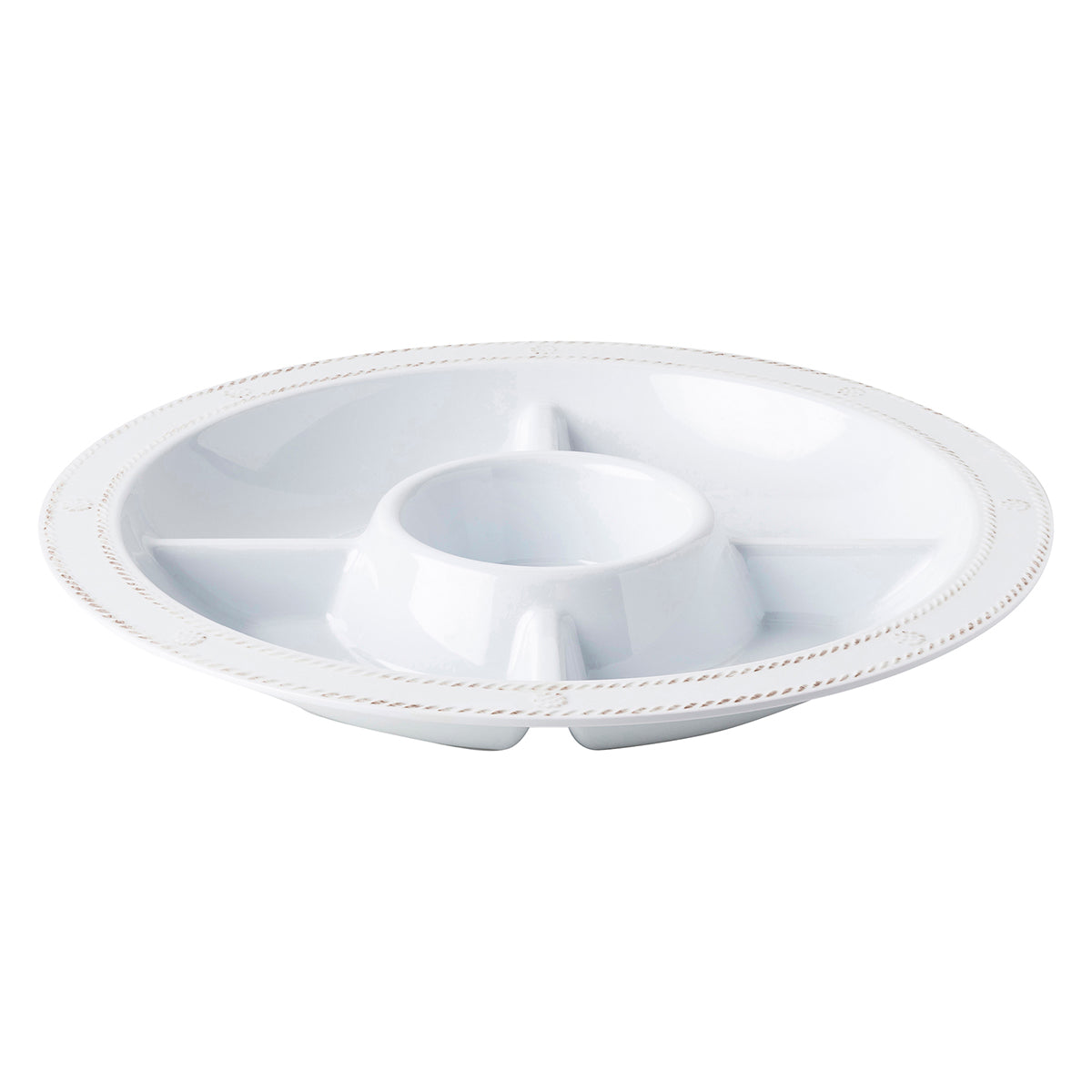 From our Al Fresco Collection - Durability meets design with our iconic Berry & Thread motif on melamine dinnerware, perfect for the adventurous entertainer. Four divided sections circle one central bowl on this sectioned server, perfect for vegetables and dip, chips and salsa or a variety of small nibbles.