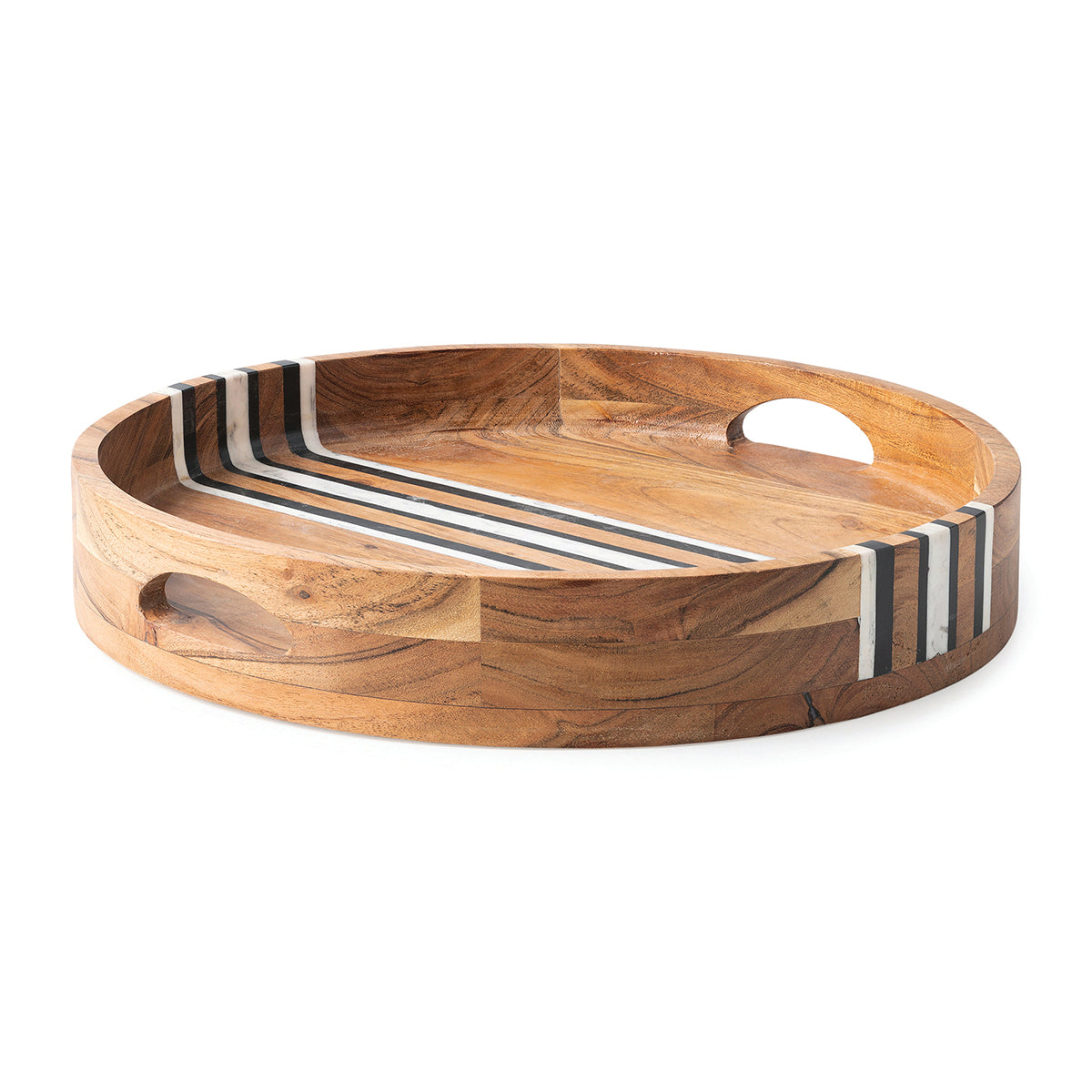 Rich layers of acacia wood and stripes of hand marbled resin are juxtaposed to create the distinct, unique look of our Stonewood Stripe collection. This round tray features two handles and vertical sides, making it perfect for serving cocktails or corralling decorative objects.