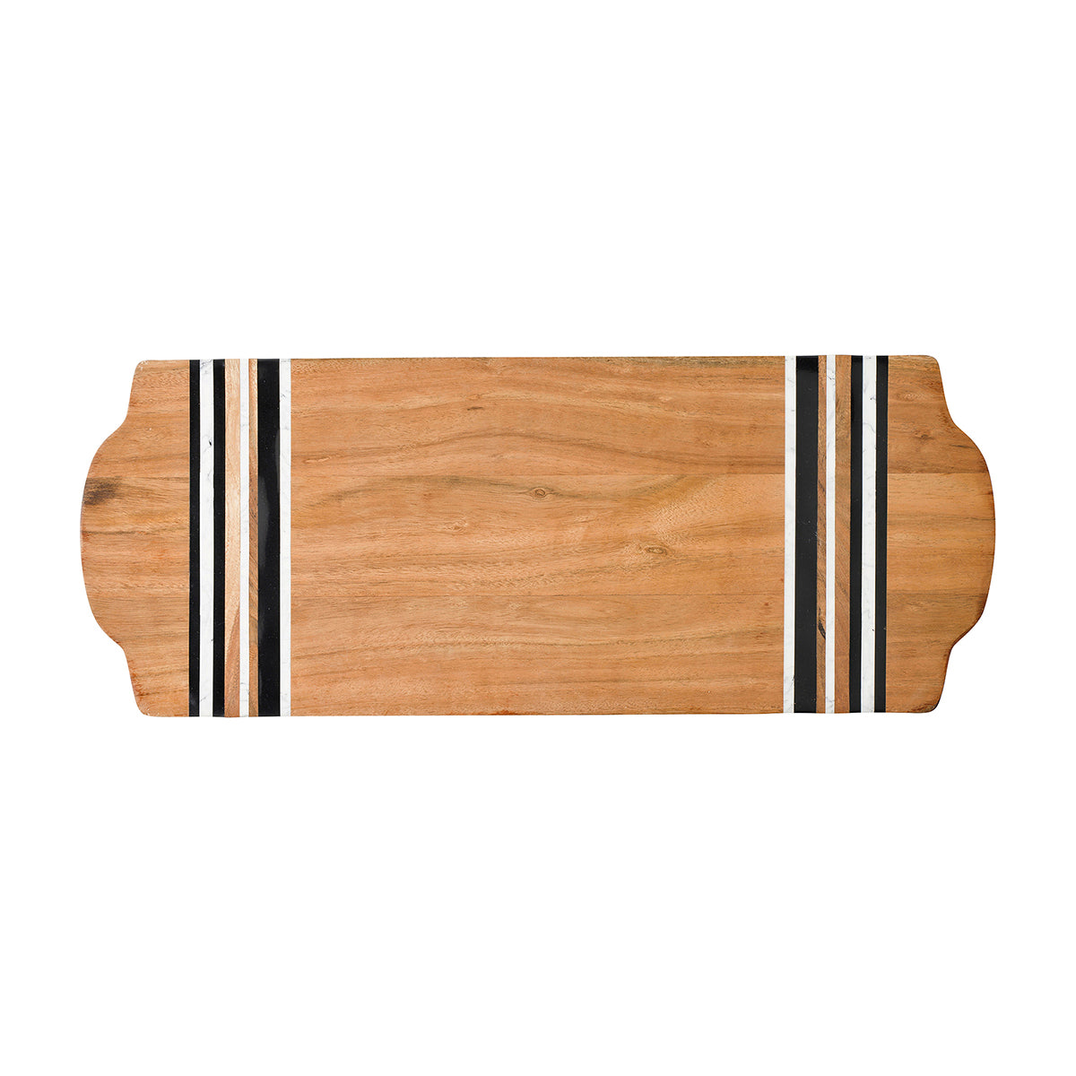 From our Stonewood Stripe Collection- A sublime setting for your next charcuterie spread, this large rectangular serving board is perfect for entertaining. Between layers of rich Acacia Wood are stripes of hand-marbled resin - a juxtaposition of rustic and refined artisanal materials. Each piece is shaped by hand and crafted into unique entertaining pieces.