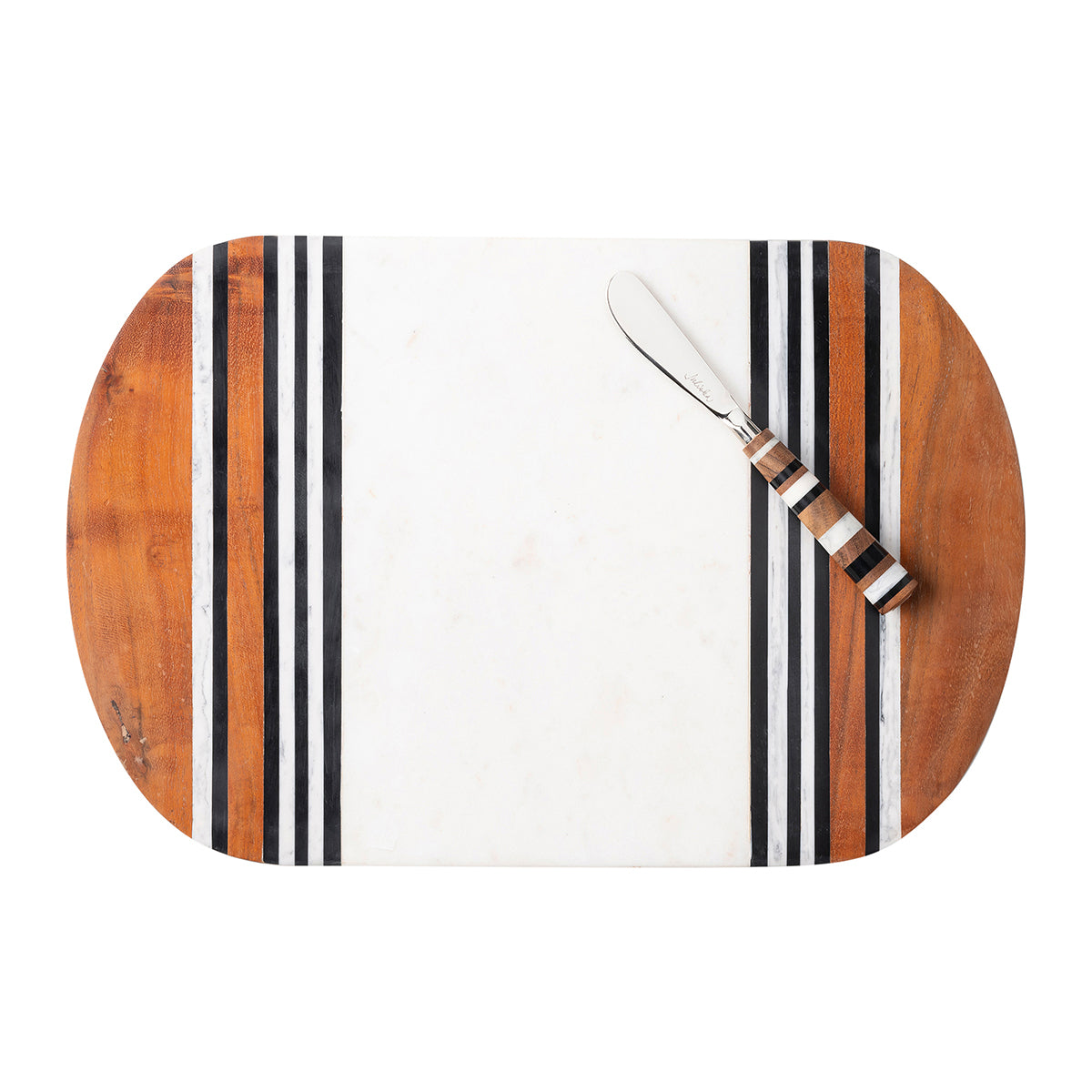 From our Stonewood Stripe Collection- The serving board contains a large marble center that is perfect for serving and cutting. Set includes one spreader and one serving board. Between layers of rich Acacia Wood are stripes of hand-marbled resin -a juxtaposition of rustic and refined artisanal materials. Each piece is shaped by hand and crafted into unique entertaining pieces.