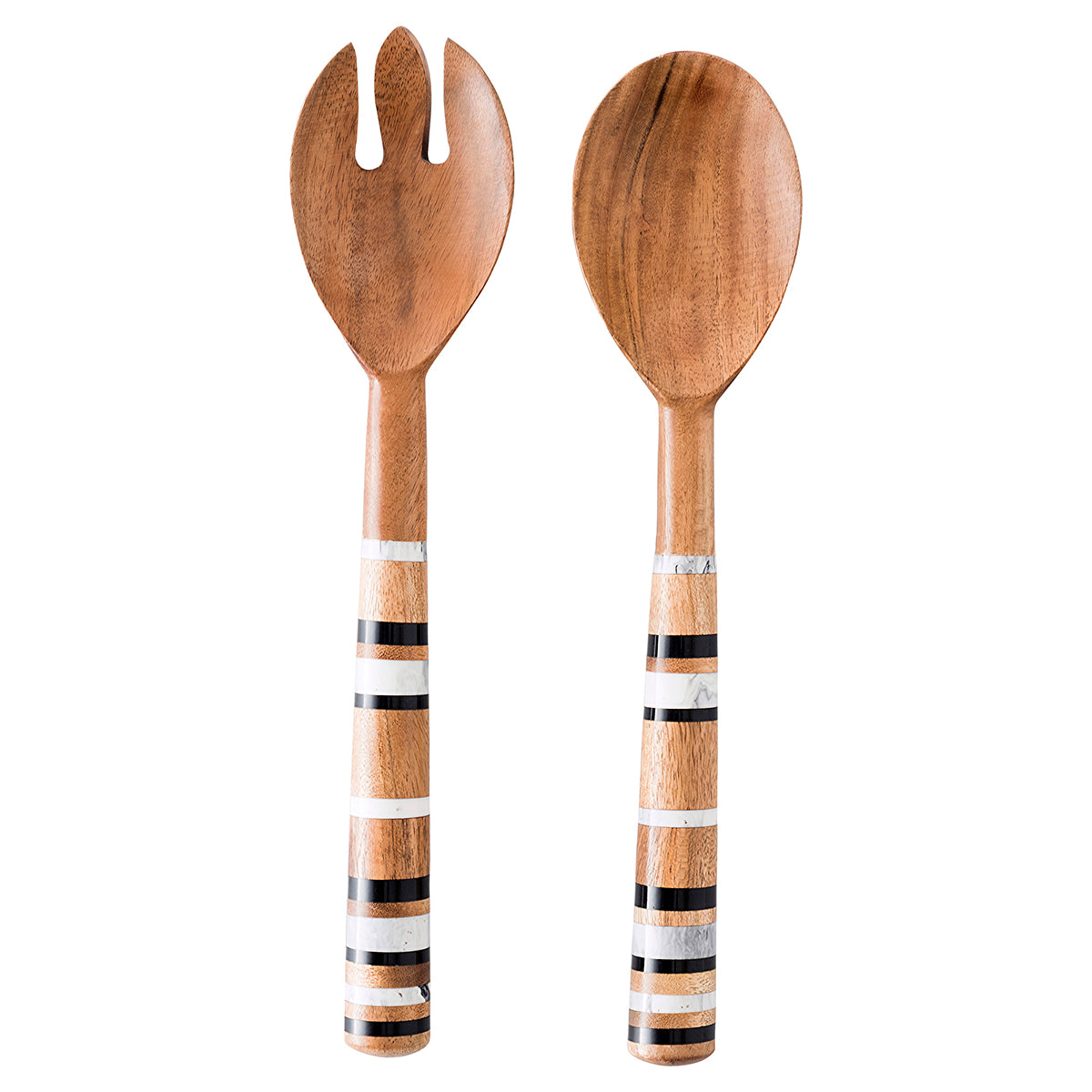 From our Stonewood Stripe Collection- Our salad server set pairs perfectly with our round serving bowl. Between layers of rich Acacia Wood are stripes of hand-marbled resin -a juxtaposition of rustic and refined artisanal materials. Each piece is shaped by hand and crafted into unique entertaining pieces.