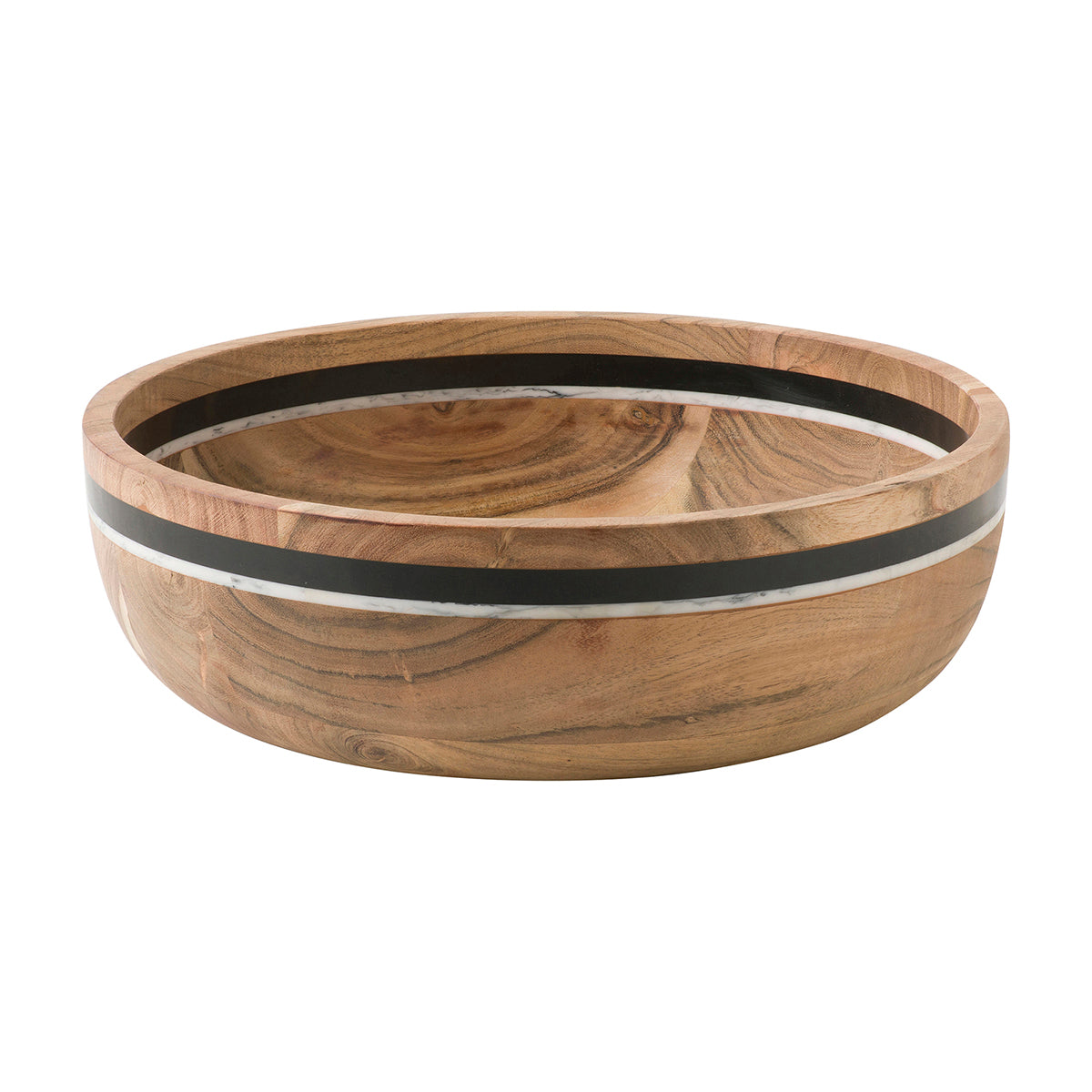 From our Stonewood Stripe Collection-A traditional wooden serving bowl is given a modern twist with a bold black and white stripe of hand-marbled resin, making it a versatile serving piece that walks the line between formal and casual.
