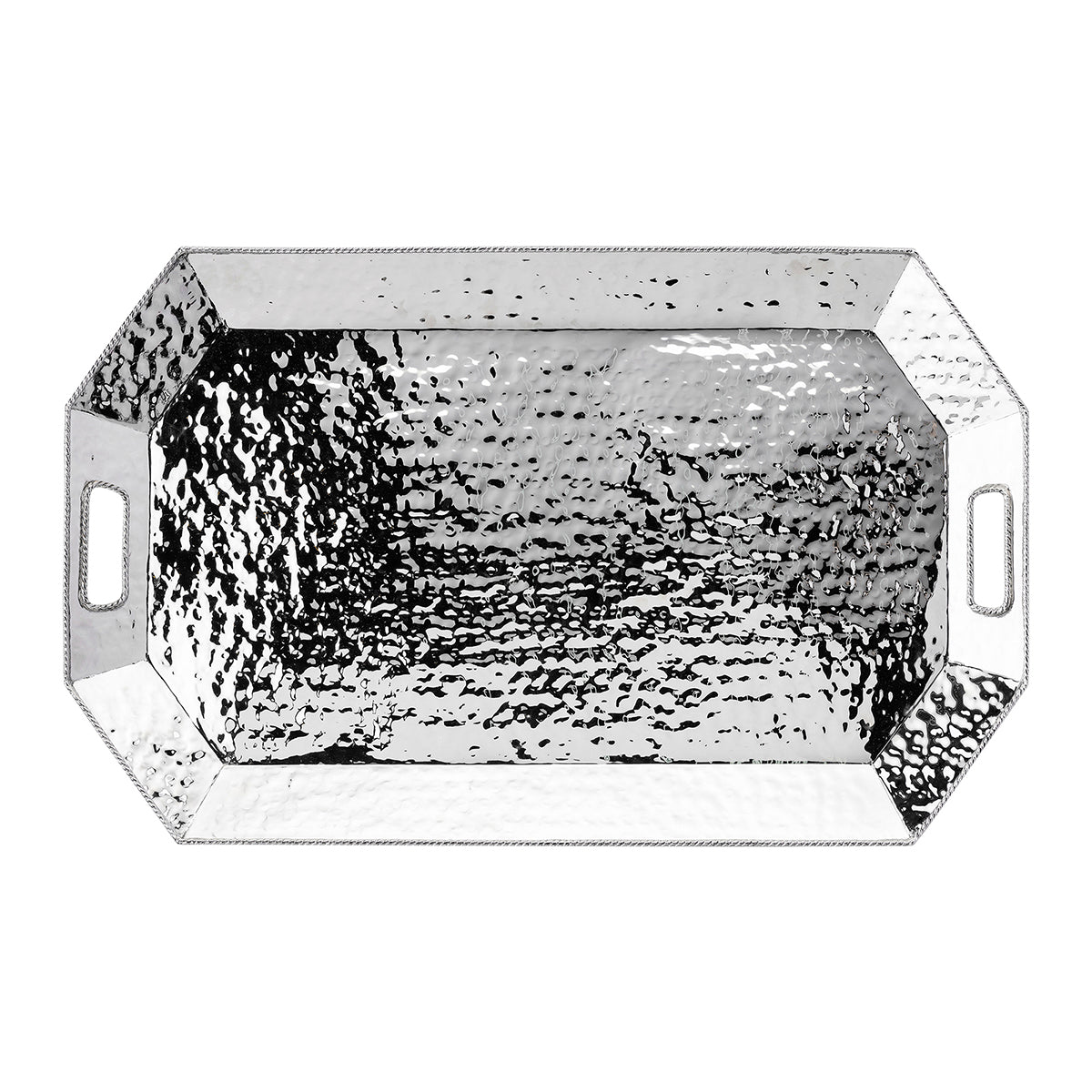 Decorated with a tidy trimming of simple thread, each piece in our Graham barware collection is handmade in hammered stainless steel and polished to brilliance. This tray and stand set come as two pieces, perfect for showcasing in your library, living room and entryway! The tray fits snuggly into the stand by nesting neatly into four slots. The stand's base sits on top of adjustable rubber anti-scratch pads that can be used to level the stand; which folds shut with a hook and eye latch when not in use.