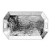 Decorated with a tidy trimming of simple thread, each piece in our Graham barware collection is handmade in hammered stainless steel and polished to brilliance. This tray and stand set come as two pieces, perfect for showcasing in your library, living room and entryway! The tray fits snuggly into the stand by nesting neatly into four slots. The stand's base sits on top of adjustable rubber anti-scratch pads that can be used to level the stand; which folds shut with a hook and eye latch when not in use.
