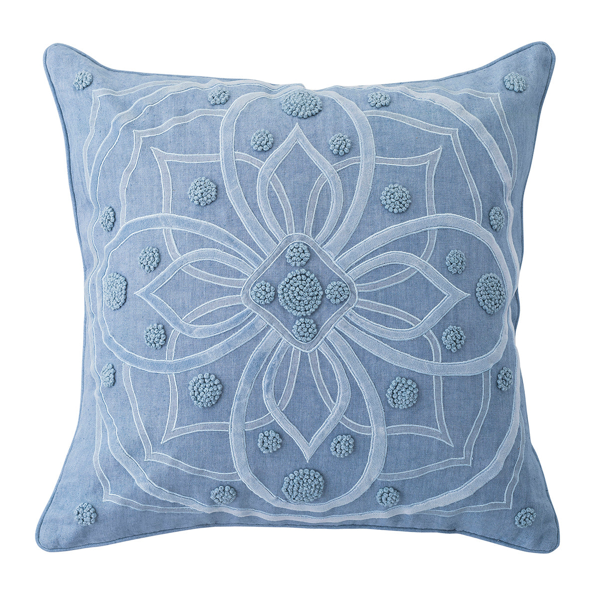 Inspired by the Alcazar garden in Spain, this pillow is made of luxurious soft linen, adorned with velvet applique and finished with hand stitched French knot detailing. Filled with 10% down and 90% feather fill.