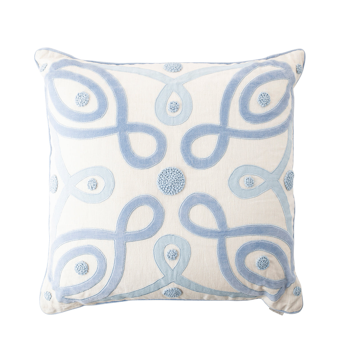 Inspired by the parterre garden design of the stunning L'Andriana garden in Italy, our luxurious pillows are hand crafted of soft linen, adorned with velvet applique? and finished with hand-stitched French knot detailing. These two-toned blue and white pillows would be a beautiful addition to a master bedroom or living room couch.
