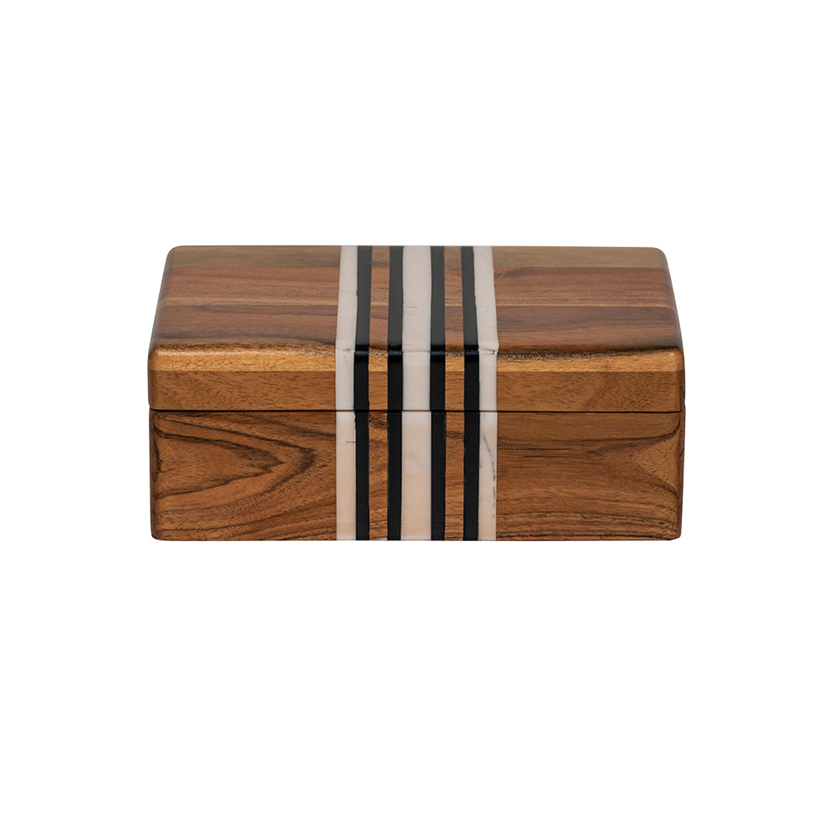 The striking combination of beautiful hard-carved acacia wood with classic black and white stripes makes a statement wherever you want to stow keepsakes, tidbits, or everyday items. 