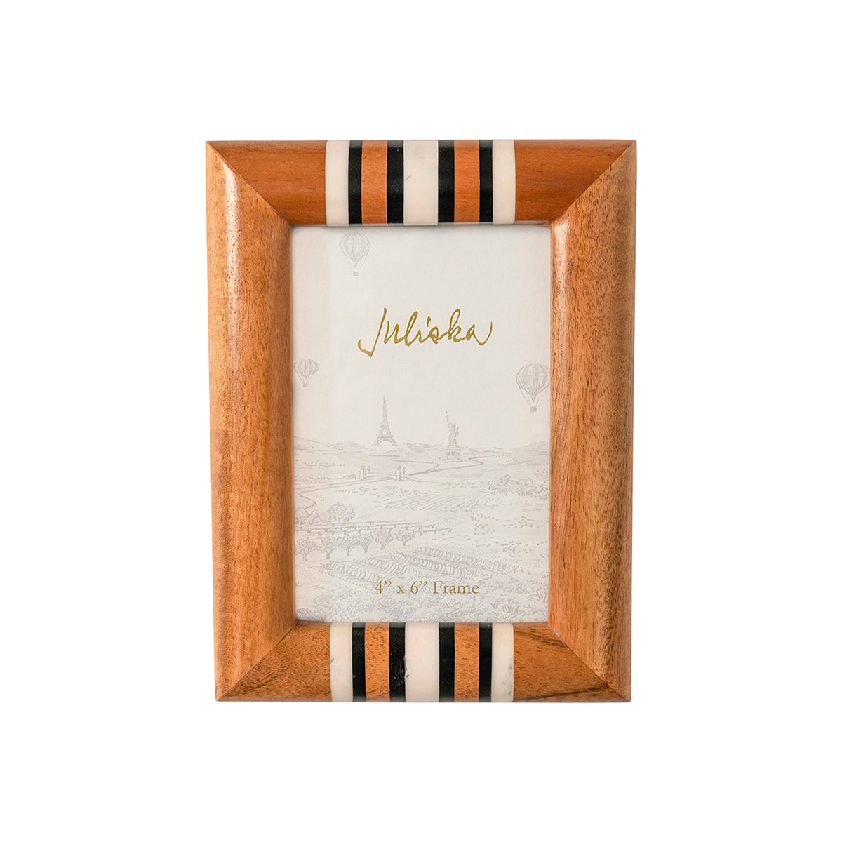 Warm and welcoming hand-turned acacia wood is accented with chic black and white stripes of hand-applied resin - making these handsome frames a naturally beautiful way to display your most treasured moments. 