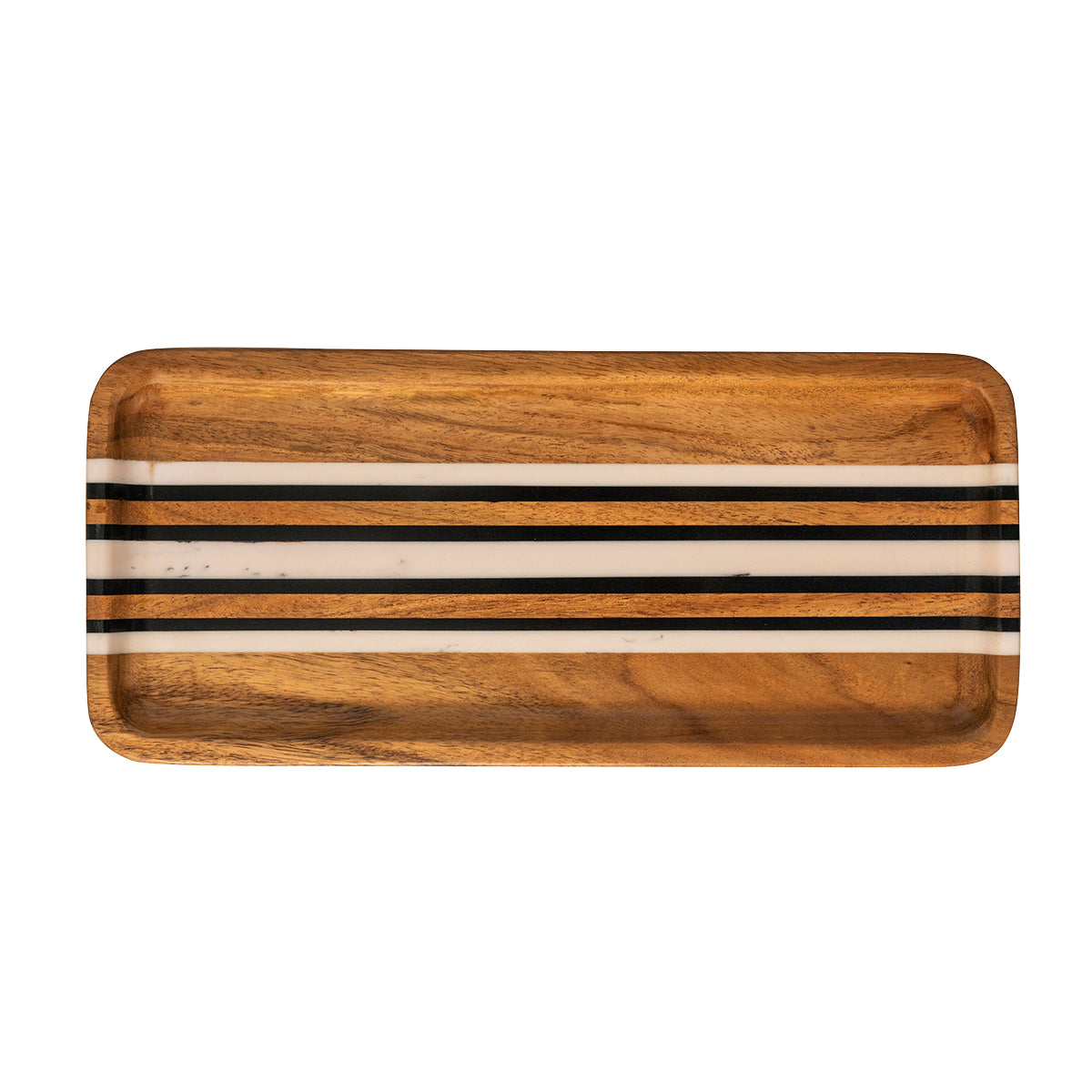 We love the intersection of natural wood grain with linear stripes in black and white that this sleek tray features. A versatile catchall for everyday life, it makes an ideal accent piece for everything from your kitchen countertop to bedside table. 