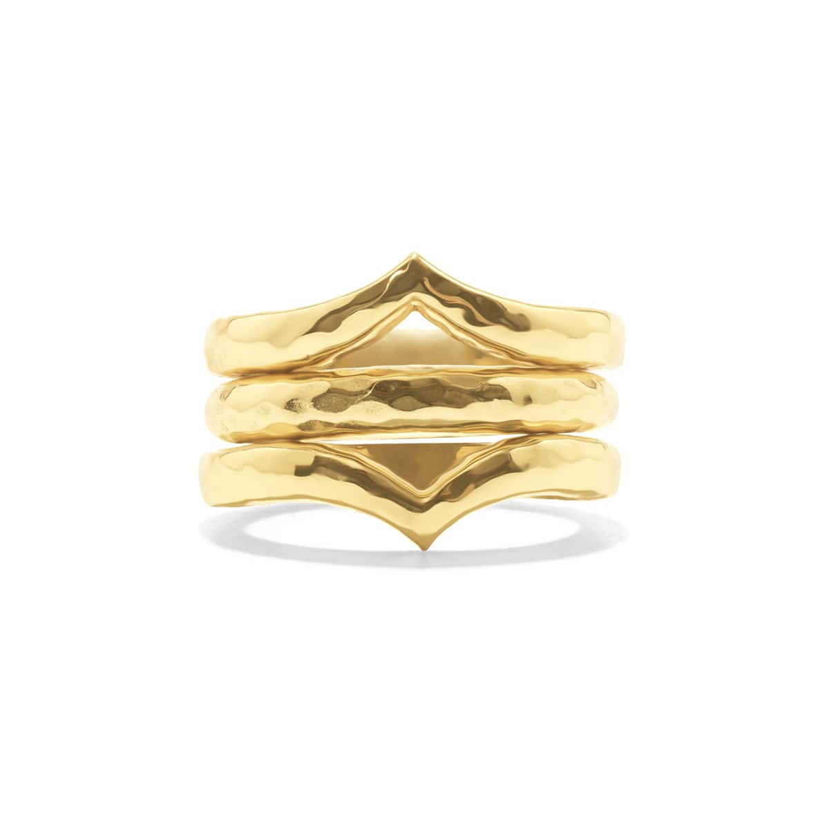 A striking set of stacking rings in hammered gold is just the thing for queening over every one of life’s many peaks, valleys, and adventures in between. 