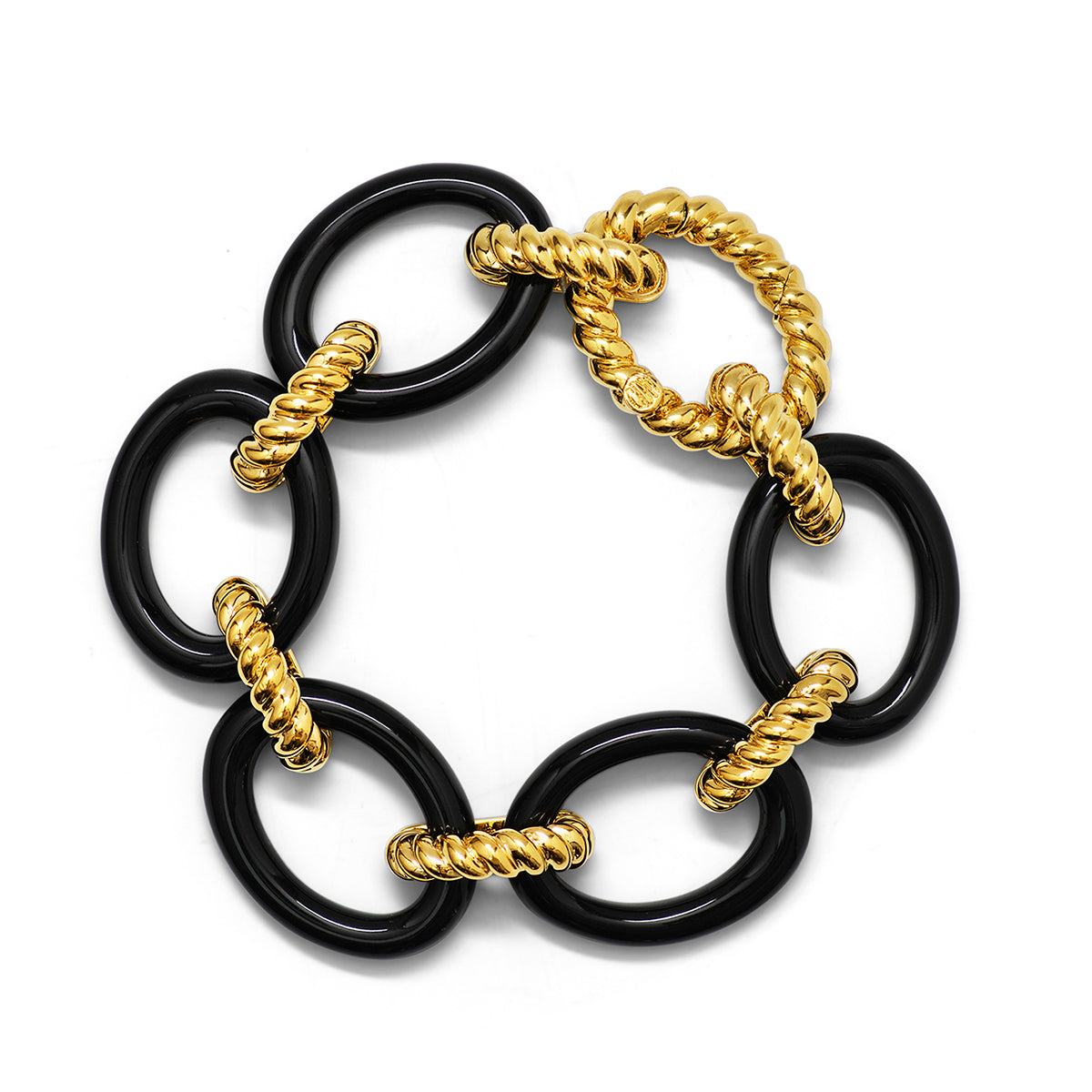 A black and gold chain link bracelet.