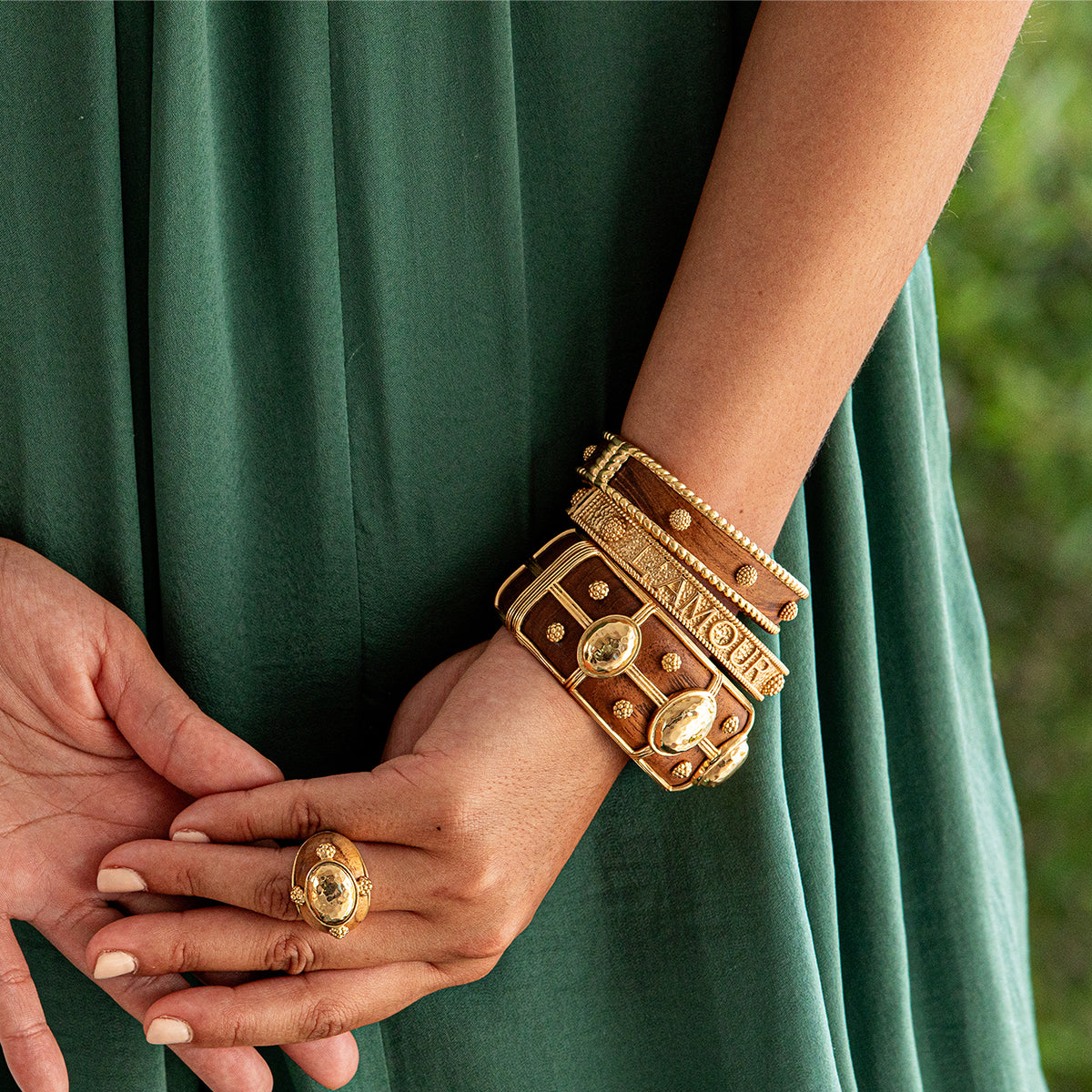 Gaia Grande Hinged Bangle - Teak – Juliska