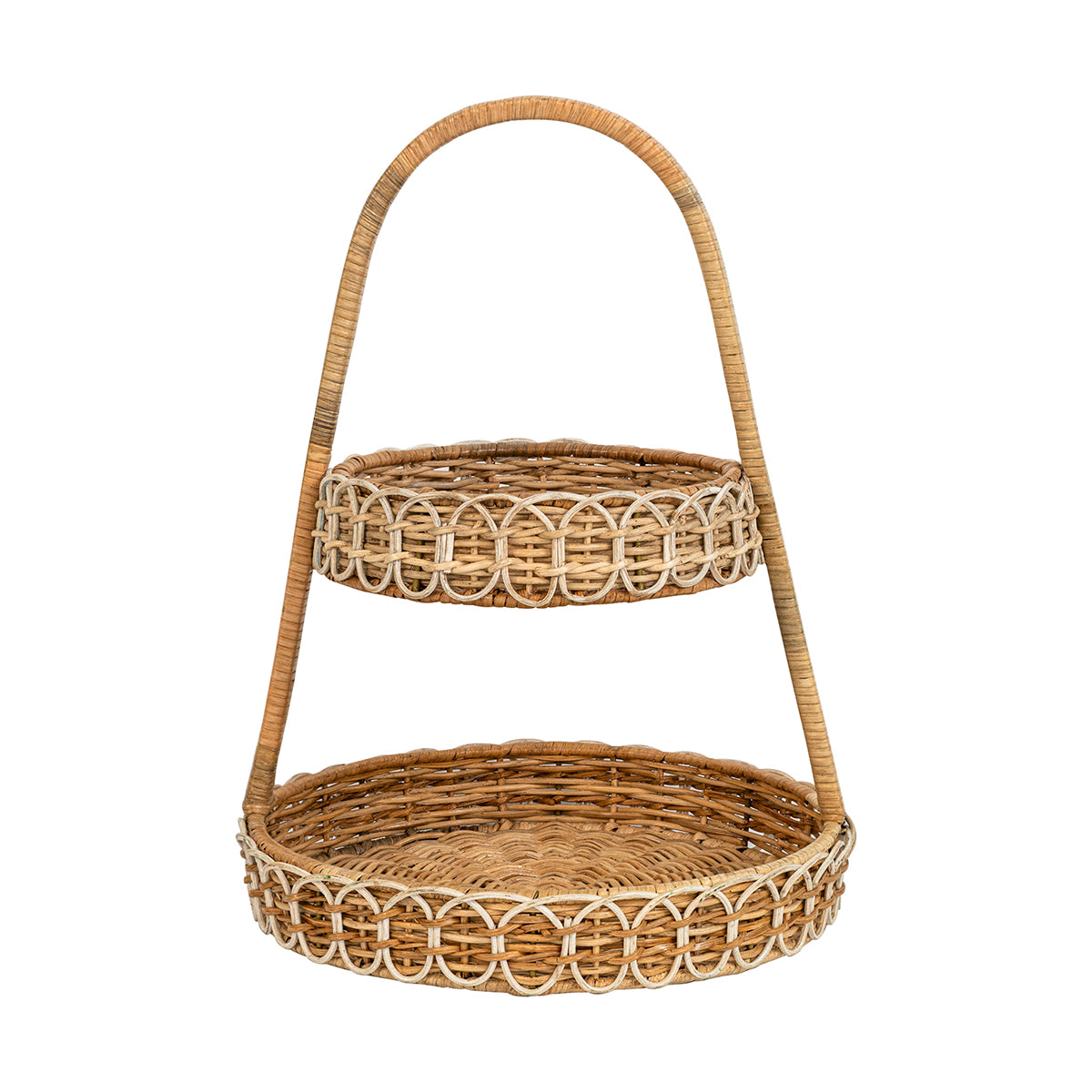 Rustic and refined, this richly woven two-tiered server with elegant handle is made of sturdy rattan to make transporting and serving a breeze. Whether it’s filled sweet or savory things, it makes a fabulously functional centerpiece for tablescapes and buffets - and dining alfresco under the boughs of an oak tree, wine flight and good friends alongside.  