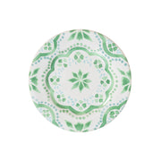 The beguiling pattern of this side/cocktail plate was inspired by the intricately painted tiles we found on an escapade to the Iberian Coast and makes an eye-catching accent piece for tablesettings. Featuring a verdant palette of soft sage and sky-blue hues that are both refreshing and soothing - you will want to use this gorgeous green plate for serving appetizers, tapas, and sides. 