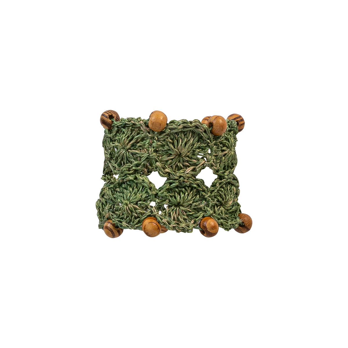 These hand-crafted napkin rings are made of intricately woven Abaca fibers in green and embellished with wooden beads for a look that is naturally textural, casual, and a bit bohemian - yet when encircling a lovely linen napkin - undeniably put-together and chic. 