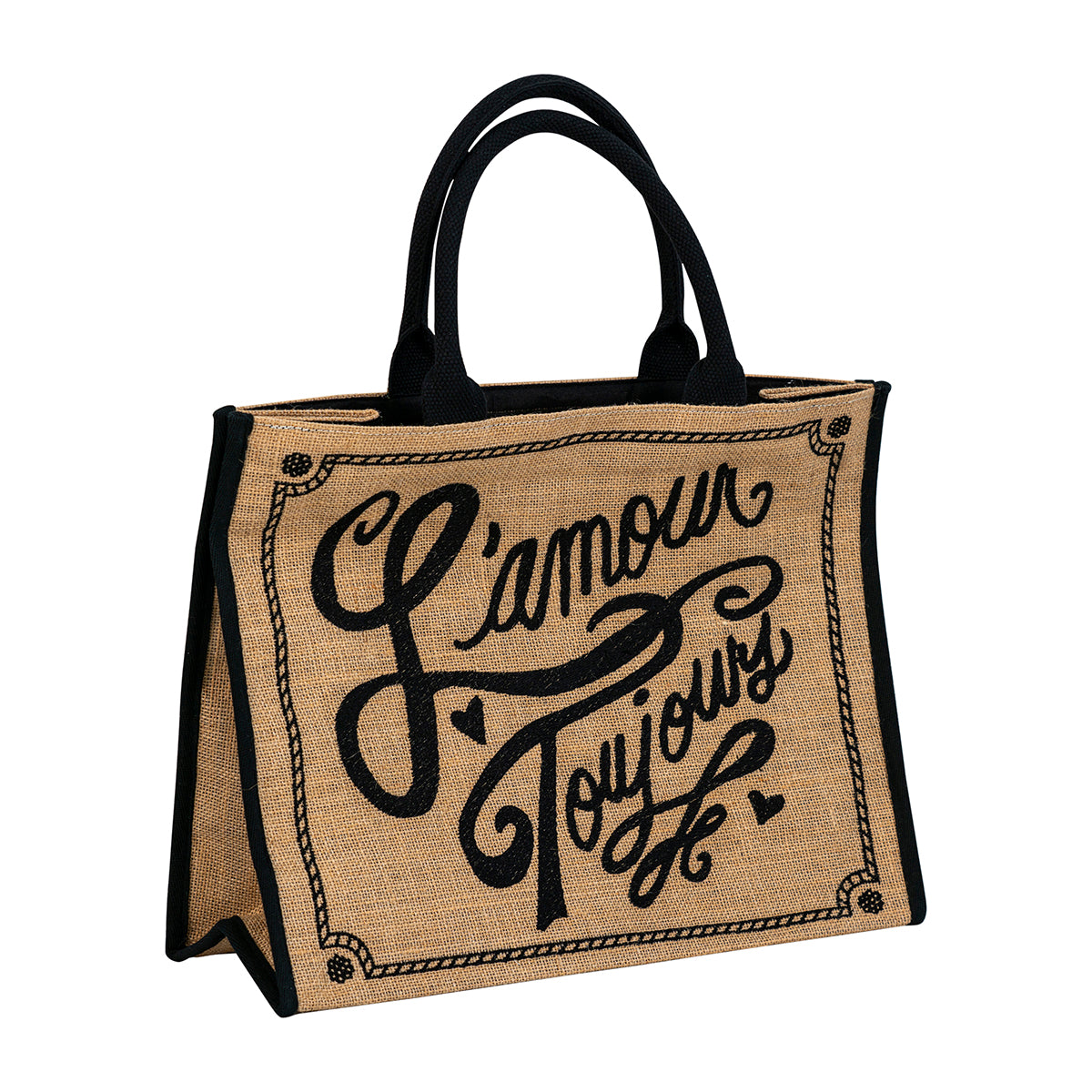 A pretty and practical carryall to tote around whatever your heart desires, from farmers market flowers to flea market finds. Made from sturdy burlap with black handles and a flat bottom for ease of carry whilst our lovely L’amour Toujours (Love Forever) sentiment is inspiration to view the day through rose-colored glasses.  Available at Juliska.