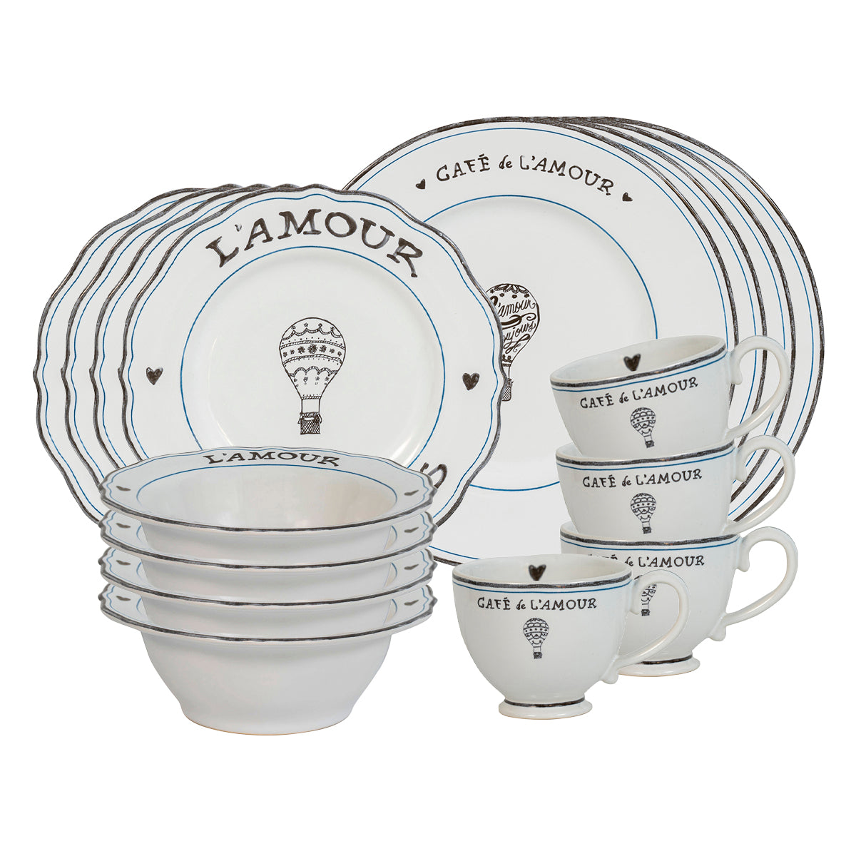A collection created for lovers and dreamers alike, and inspired by French cafés and English countryside picnics, this chic black, white, and blue set features our hand-sketched hot air balloons and hearts to symbolize a life filled with romantic adventure. This 16 piece set provides service for four and includes 4 dinner plates, dessert/salad plates, cereal/ice cream bowls and cofftea cups.  