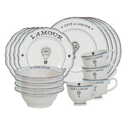 A collection created for lovers and dreamers alike, and inspired by French cafés and English countryside picnics, this chic black, white, and blue set features our hand-sketched hot air balloons and hearts to symbolize a life filled with romantic adventure. This 16 piece set provides service for four and includes 4 dinner plates, dessert/salad plates, cereal/ice cream bowls and cofftea cups.  