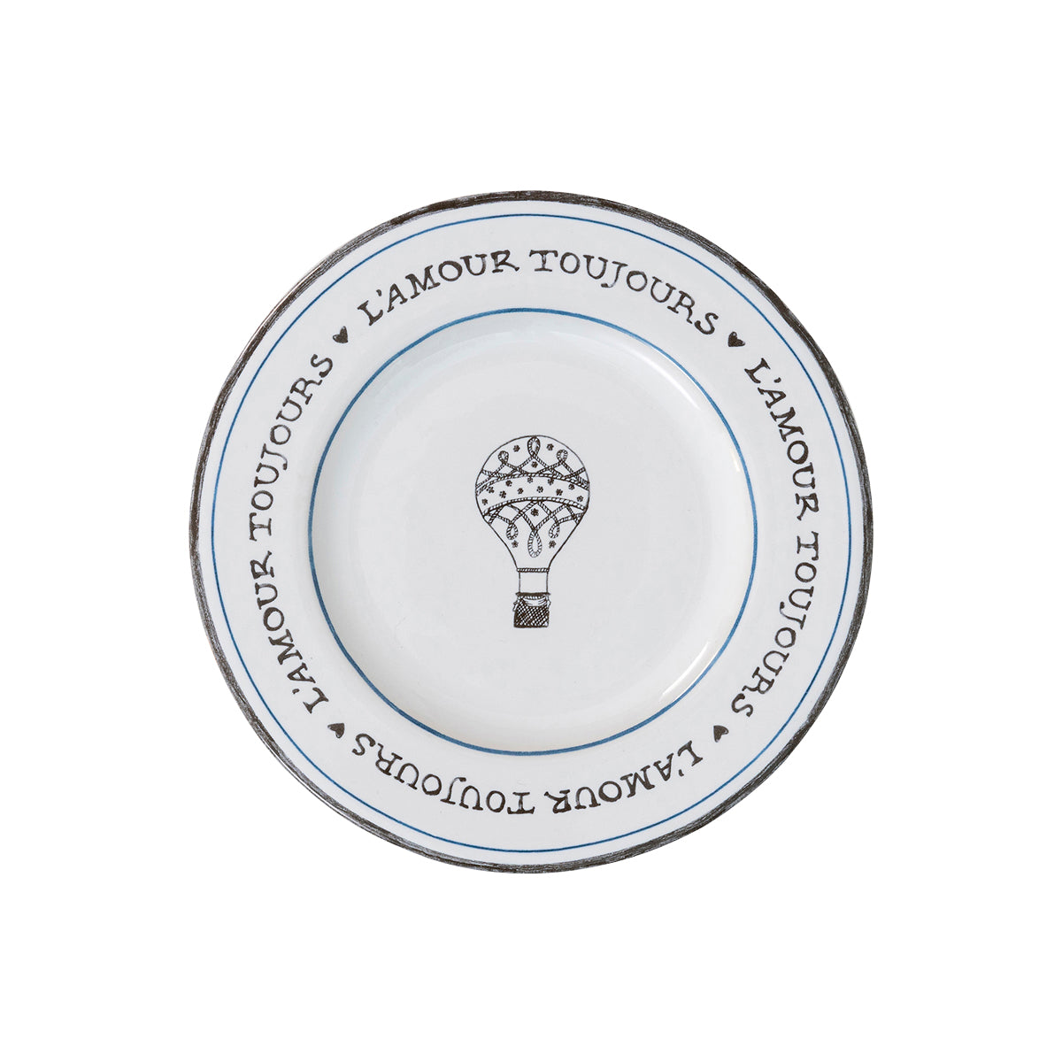 Romantic vistas are the playgrounds of hot air balloons, and this one is no exception - encircled by our hand sketched L’amour Toujours border replete with a sprinkling of hearts - you’ll want to take this chic black, white, and blue plate to the backyard for cocktail hour at sunset, or to the porch for croissants at sunrise. 